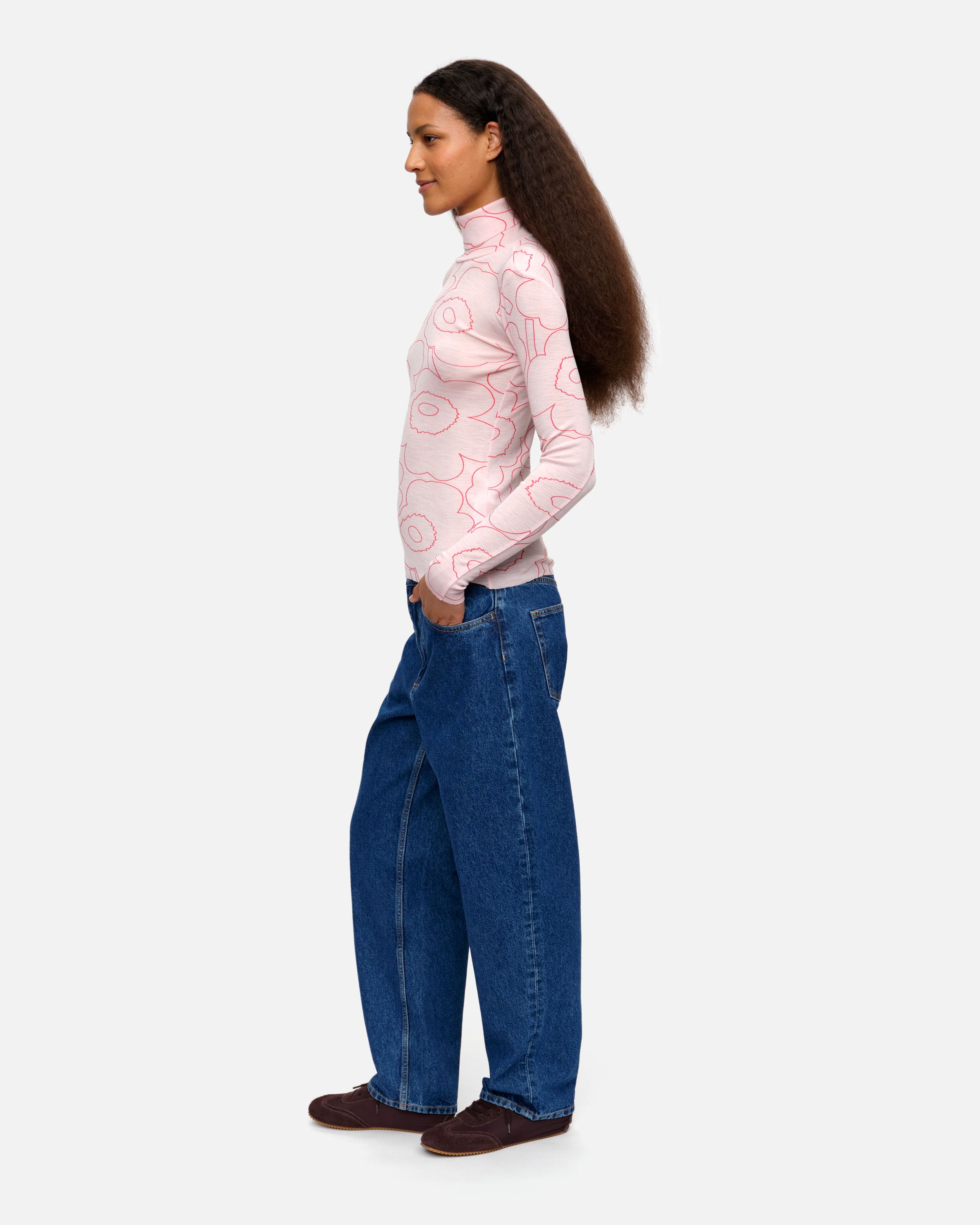 Vilina Piirto Unikko Wool turtleneck shirt light pink, red | Marimekko