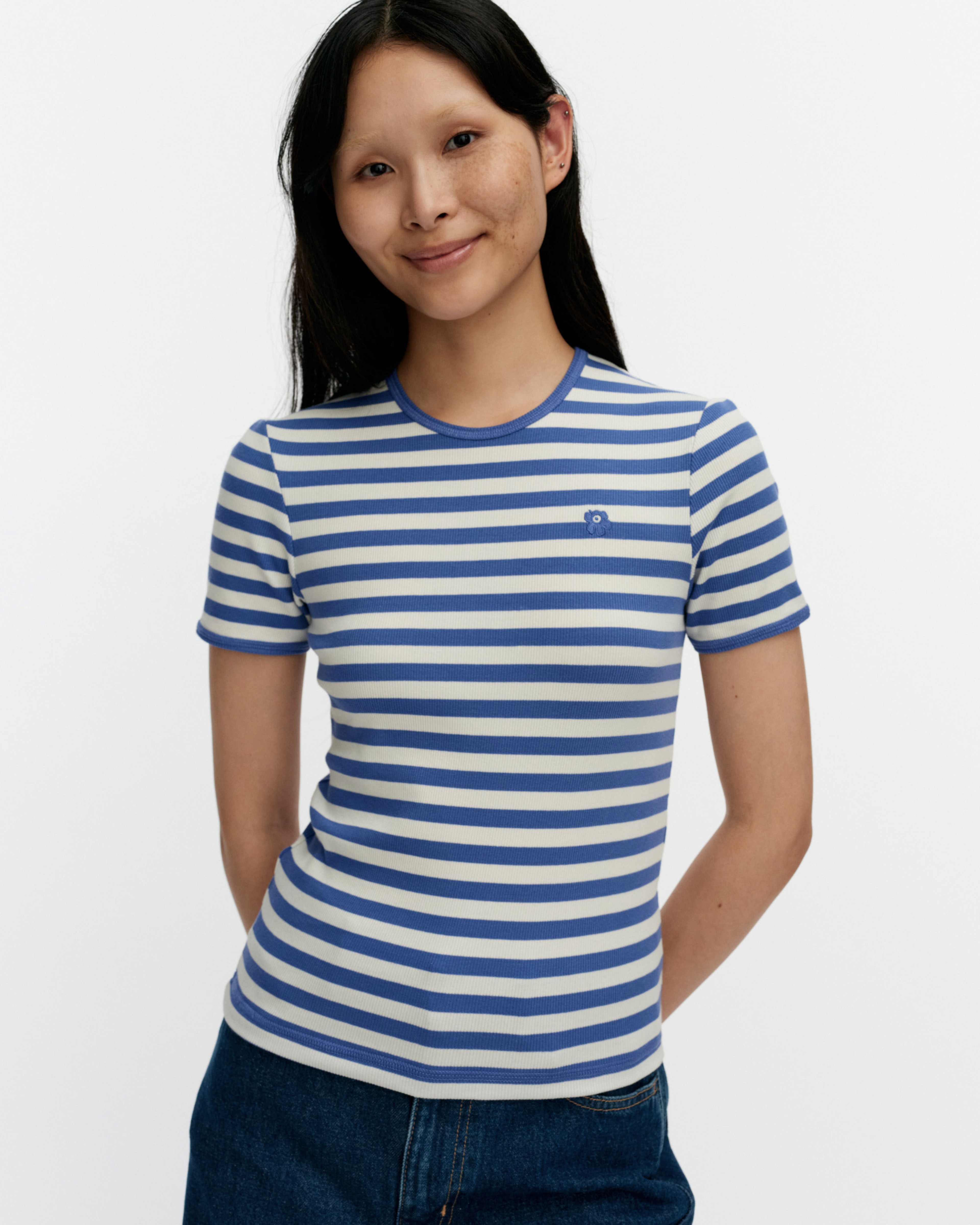 Kukkea Tasaraita Unikko, Kioski t-shirt, blue, off white,