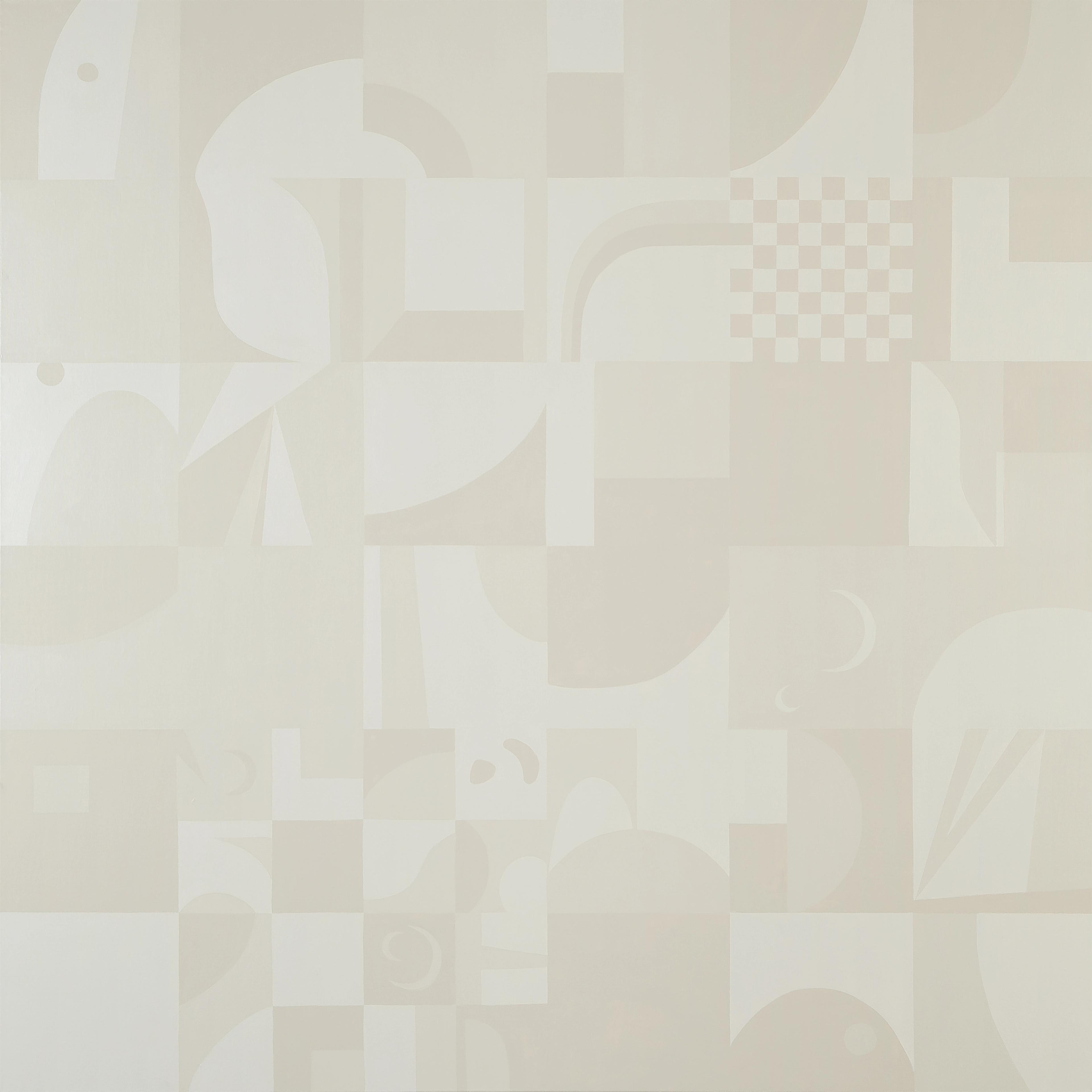 Grid 001 a 4ft x 4ft square painting split into a 6 x 6 grid with geometric abstract shapes in a monochromatic cream color palette