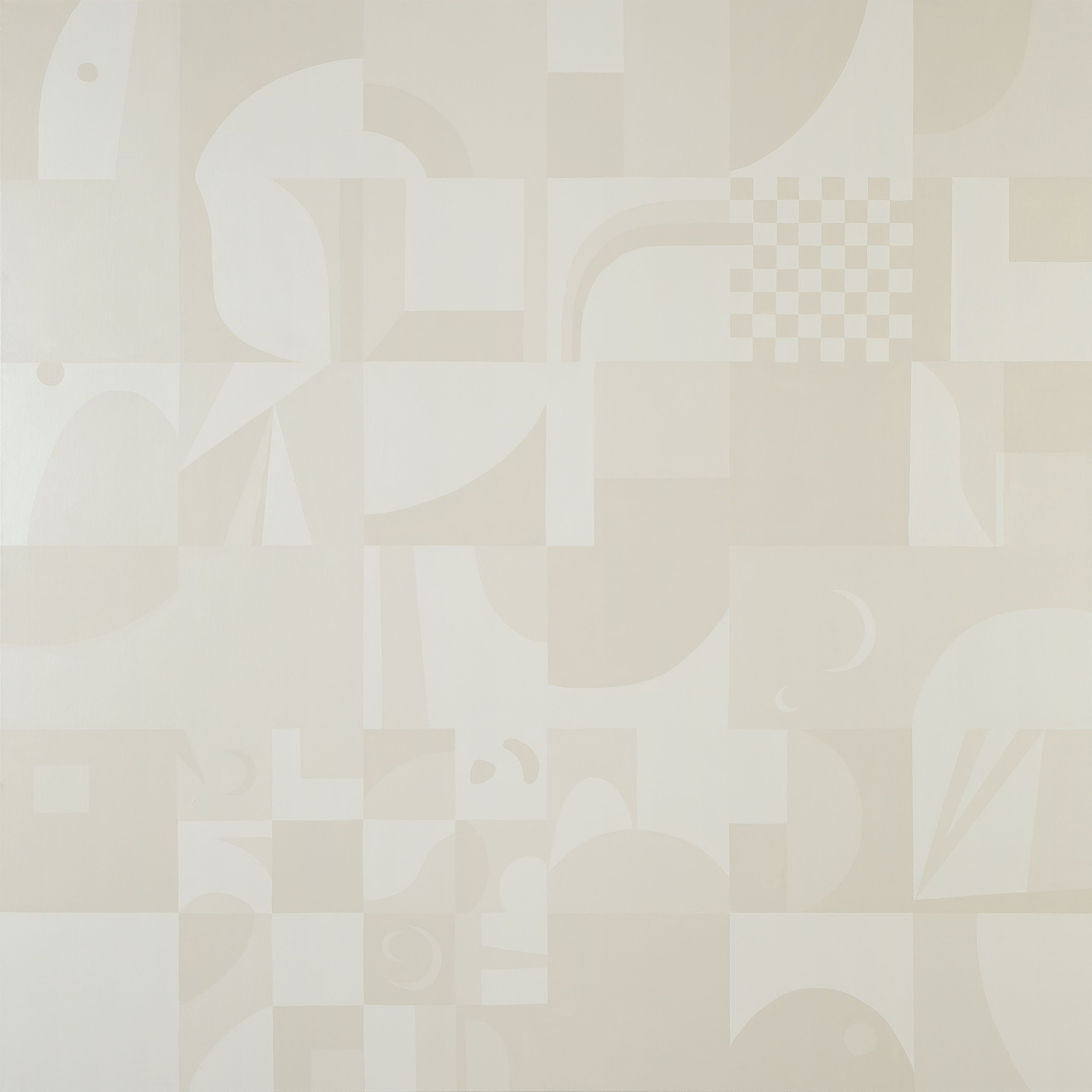Grid 001 a 4ft x 4ft square painting split into a 6 x 6 grid with geometric abstract shapes in a monochromatic cream color palette