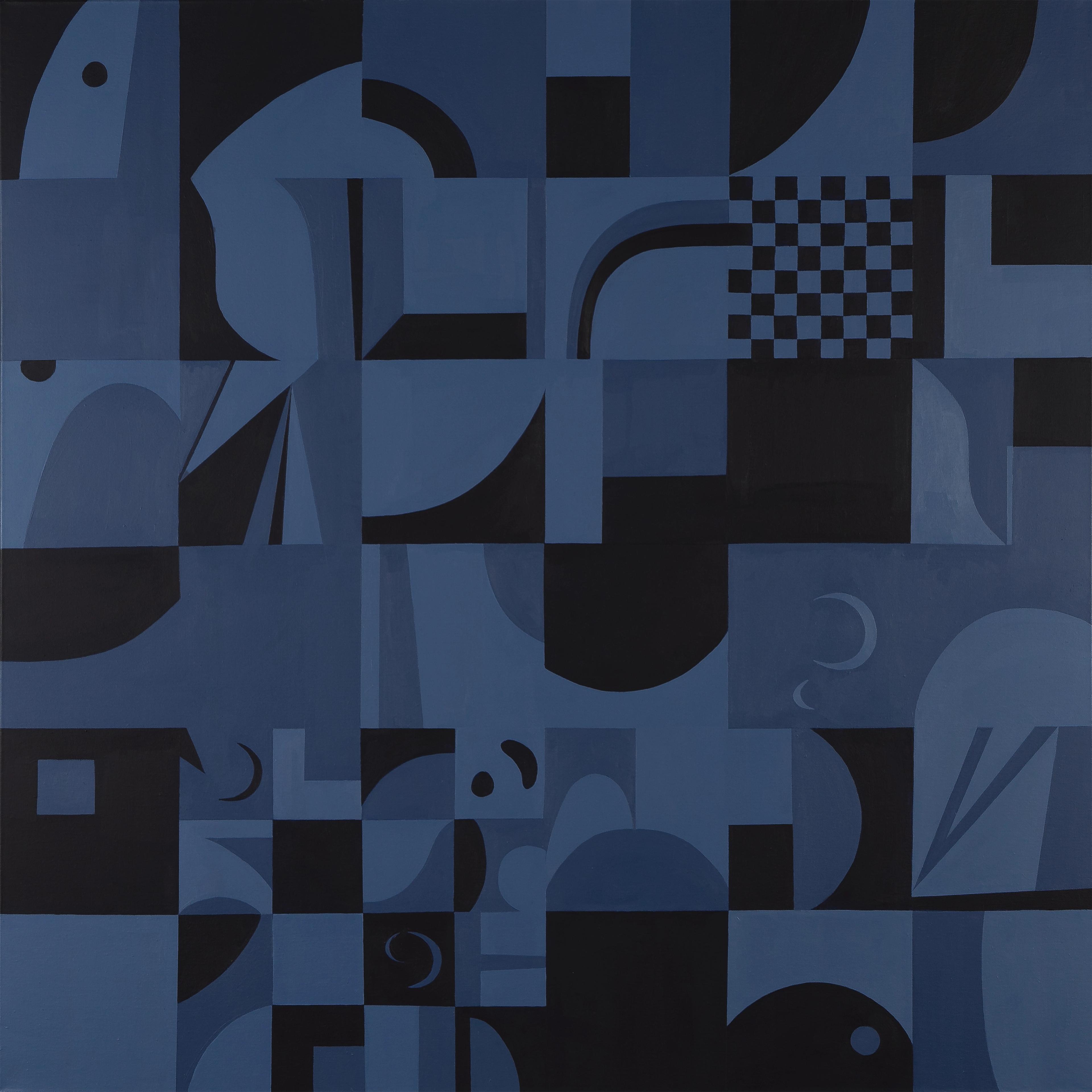 Grid 001 a 4 ft x 4ft square painting split into a 6 x 6 grid with geometric abstract shapes in a monochromatic blue color palette