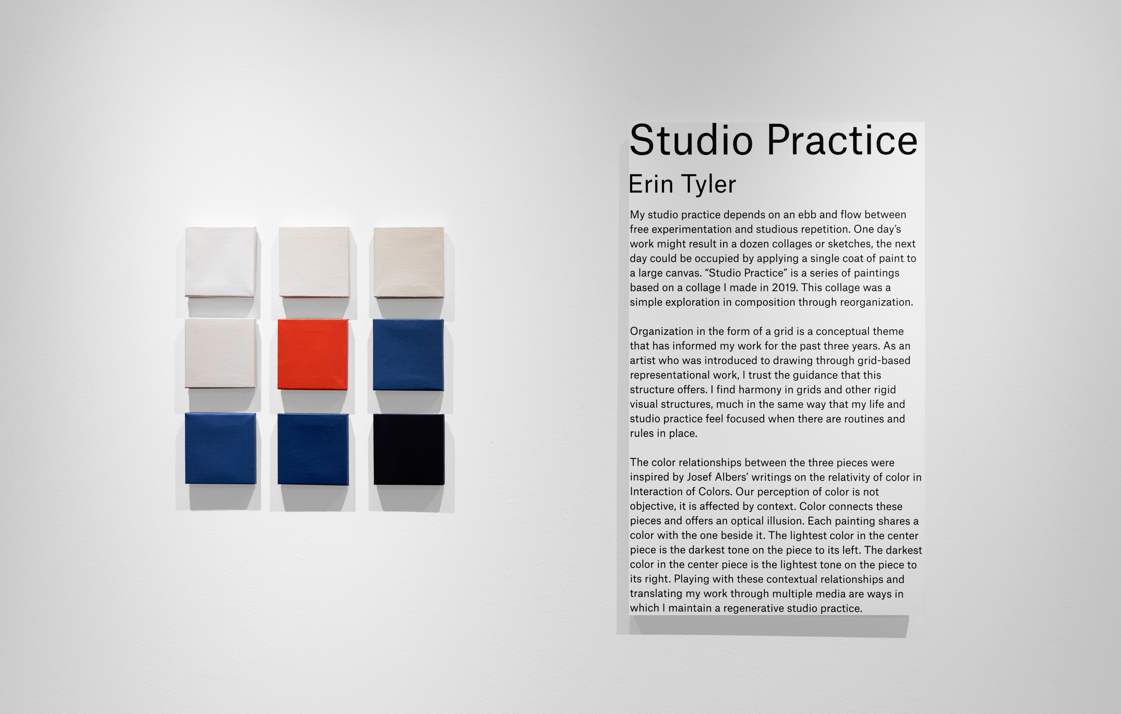 a white wall with 9 small square painted canvases hung in a 3 x 3 grid with artist title and artist statement printed to the right