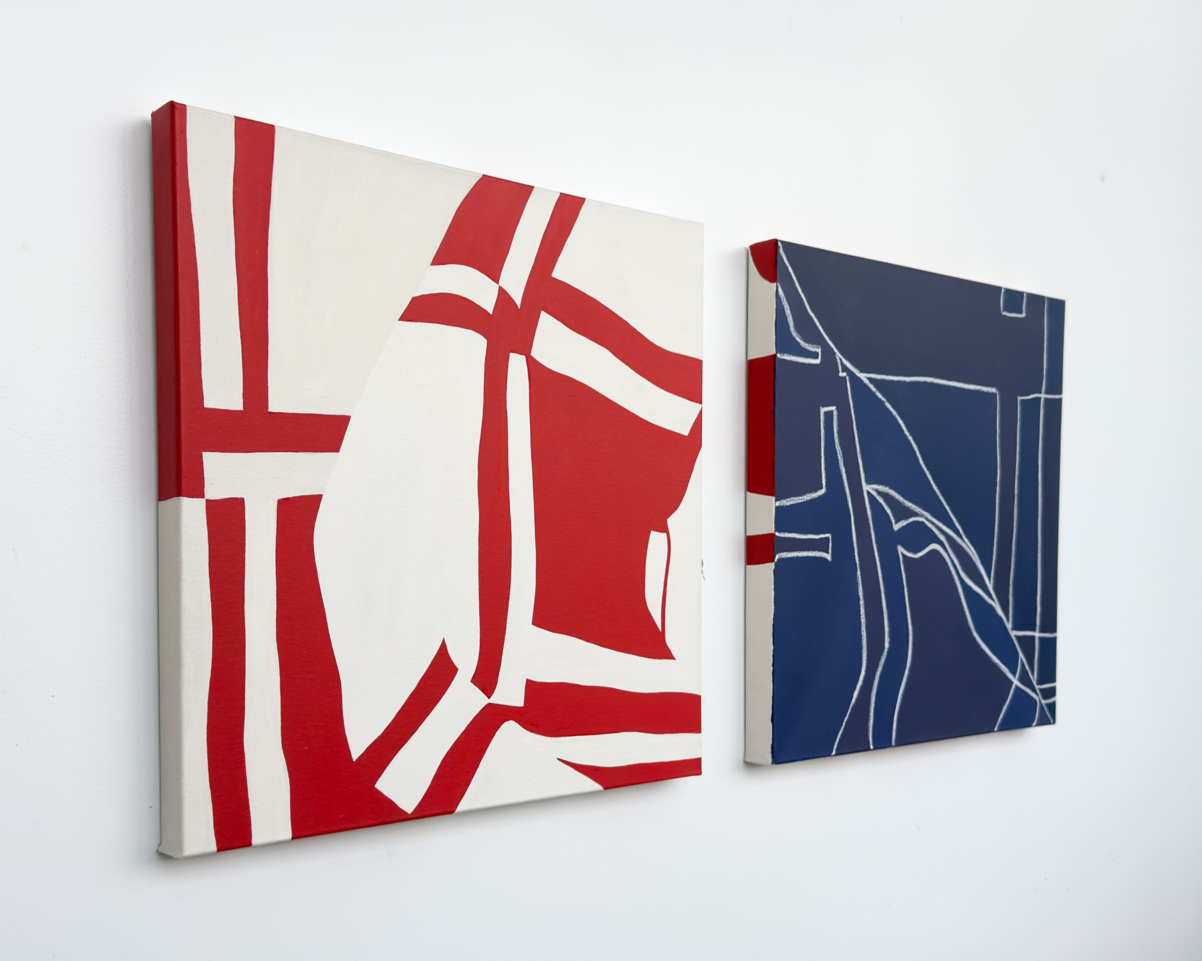 Quilt Study and Quilt Study (Night) - two paintings side by side, left is red and white geometric abstract painting of a quilt pattern, right is monochromatic blue with red and white edges and a white oil pastel outline defining the geometric abstract quilt pattern