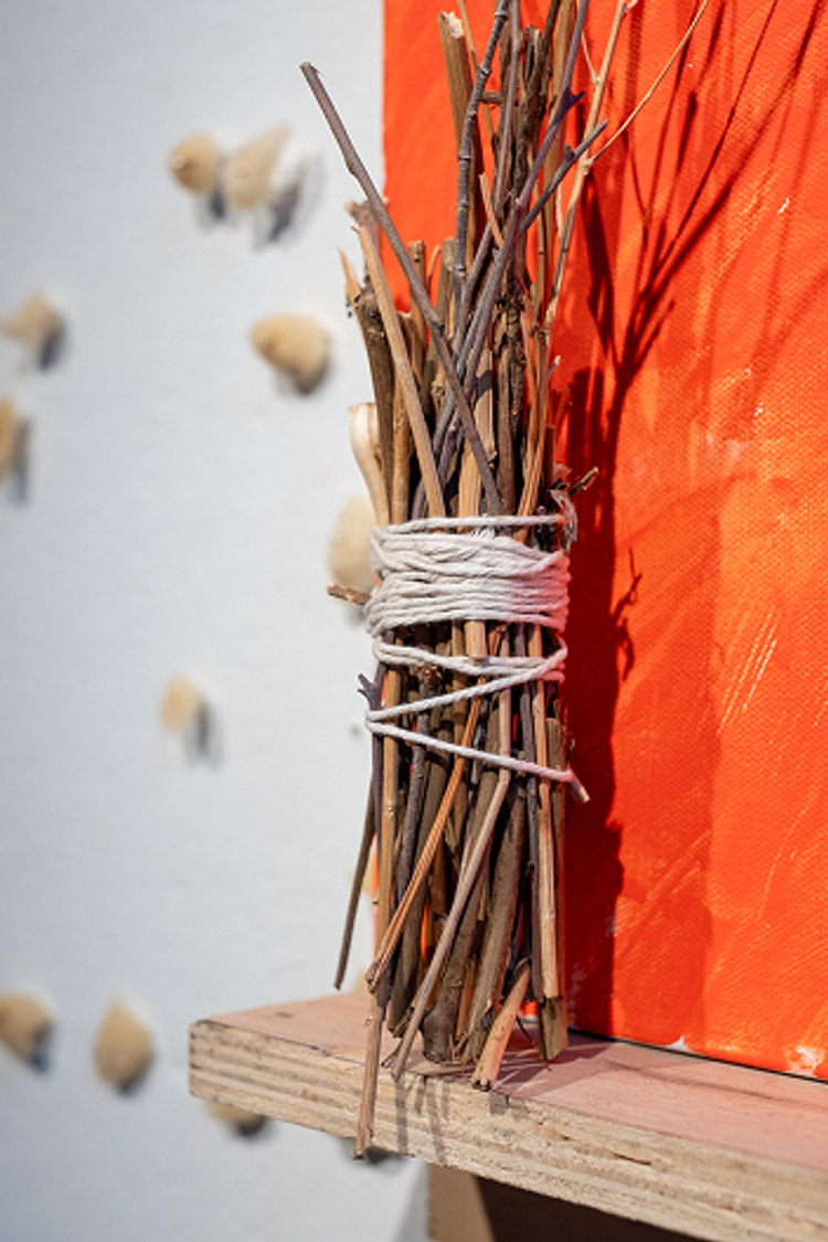 A bundle of twigs tied with white string stands on a wooden shelf next to an orange canvas.