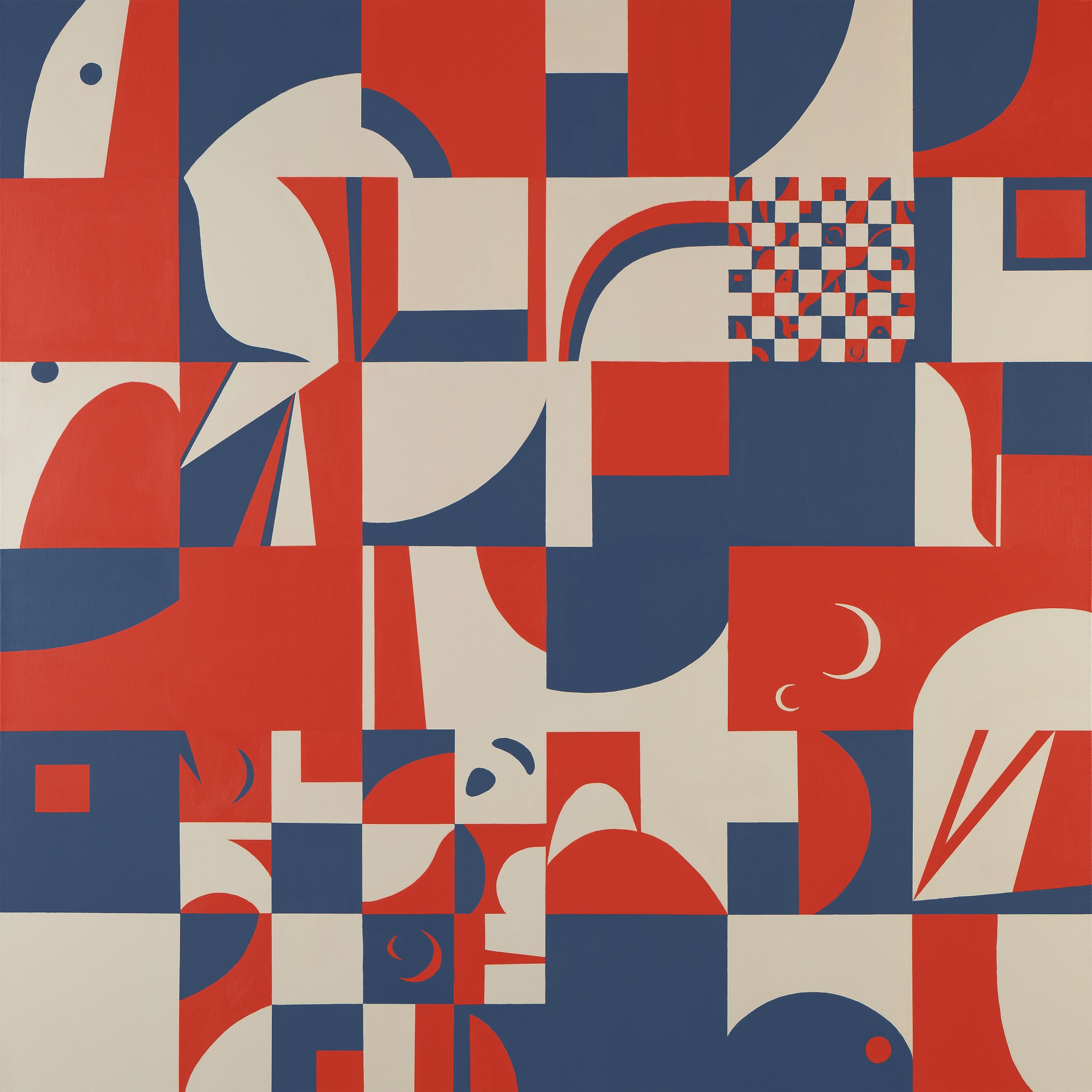 Grid 002 Grid 001 a 4 ft x 4ft square painting split into a 6 x 6 grid with geometric abstract shapes in a red, blue and cream color palette