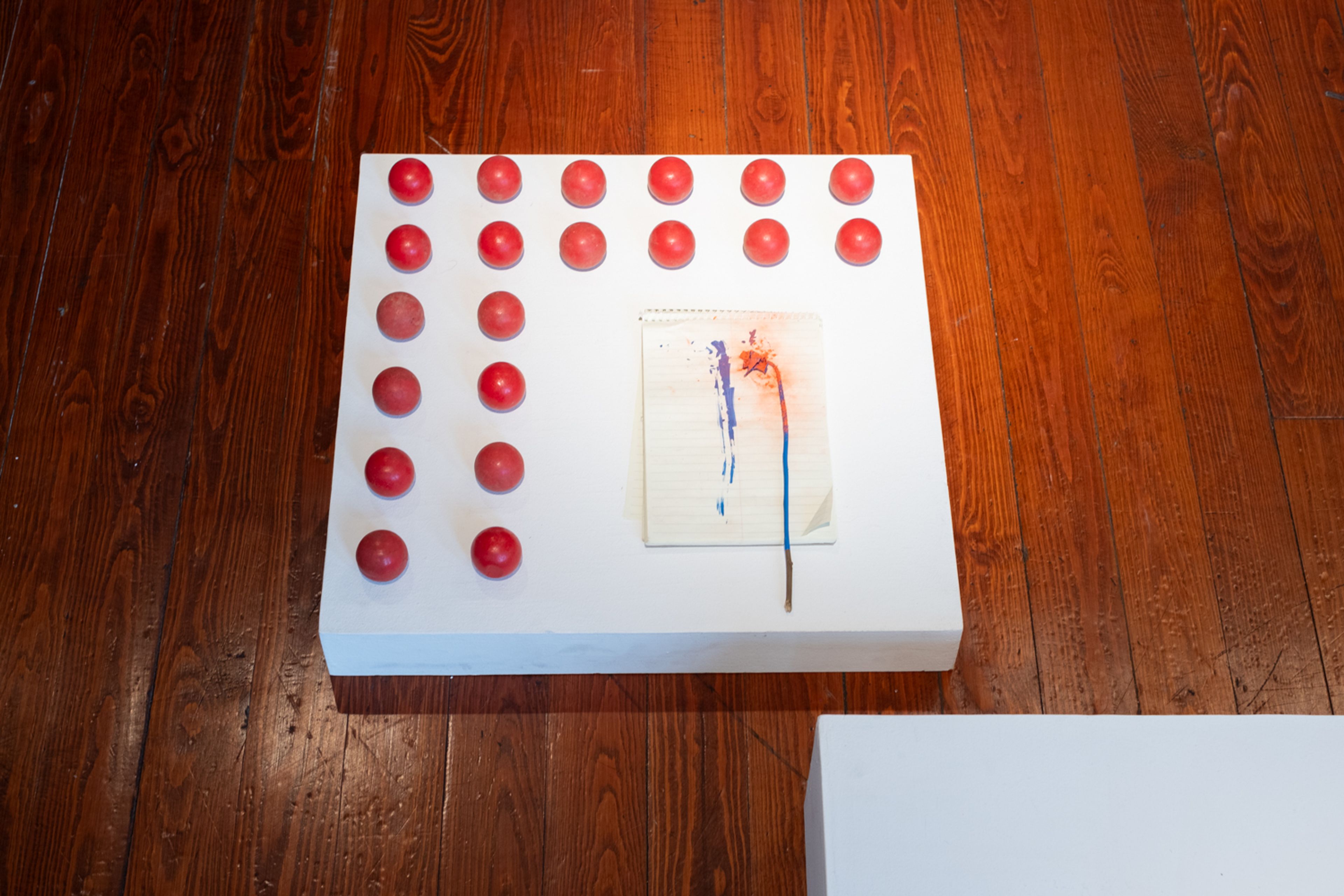 overhead view of a square plinth with red orbs arranged in an l-shape grid and a green notebook with a dried rose stem painted blue with orange powder coating the top