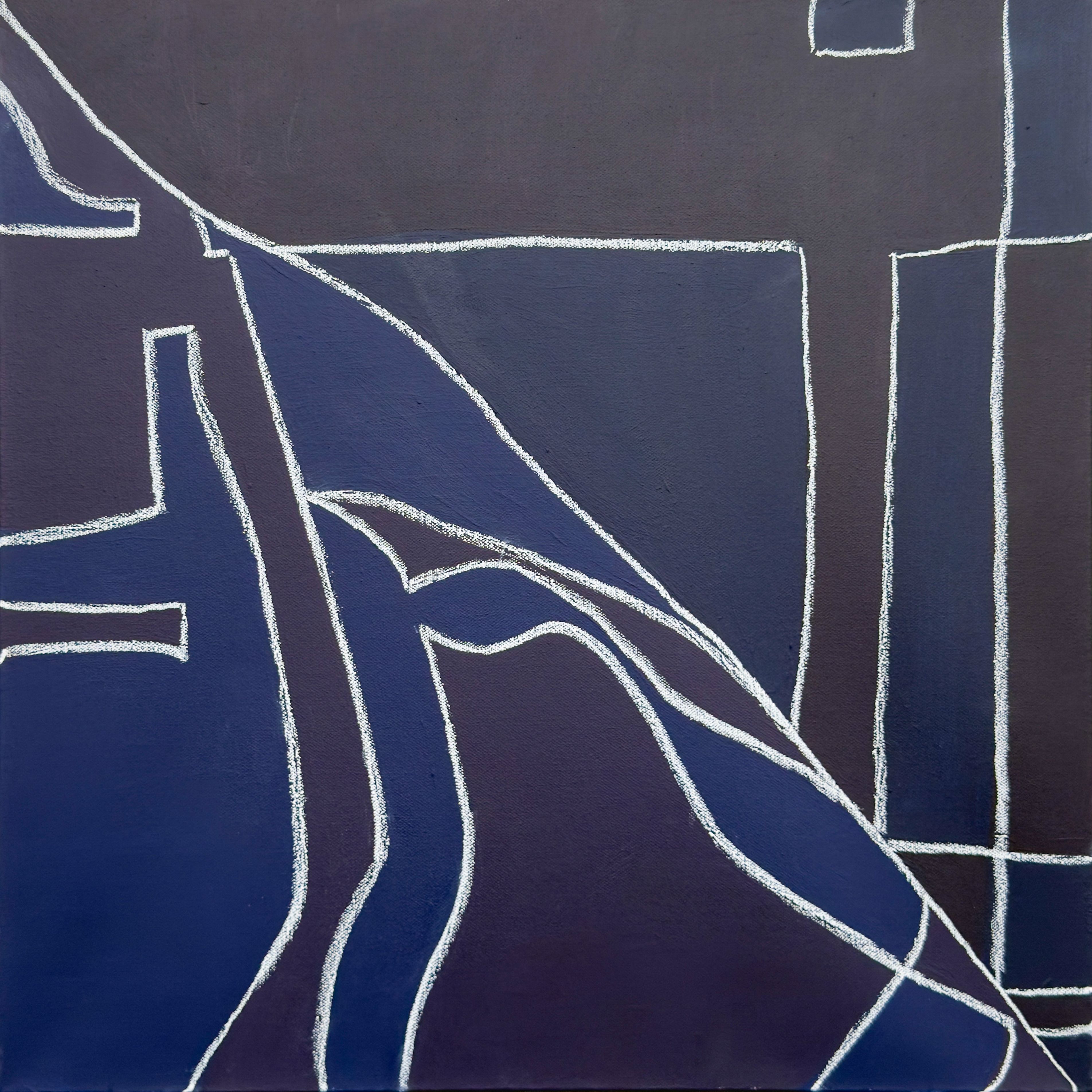 Quilt Study (Night) monochromatic blue geometric abstract painting white white oil pastel outlines based on a quilt pattern