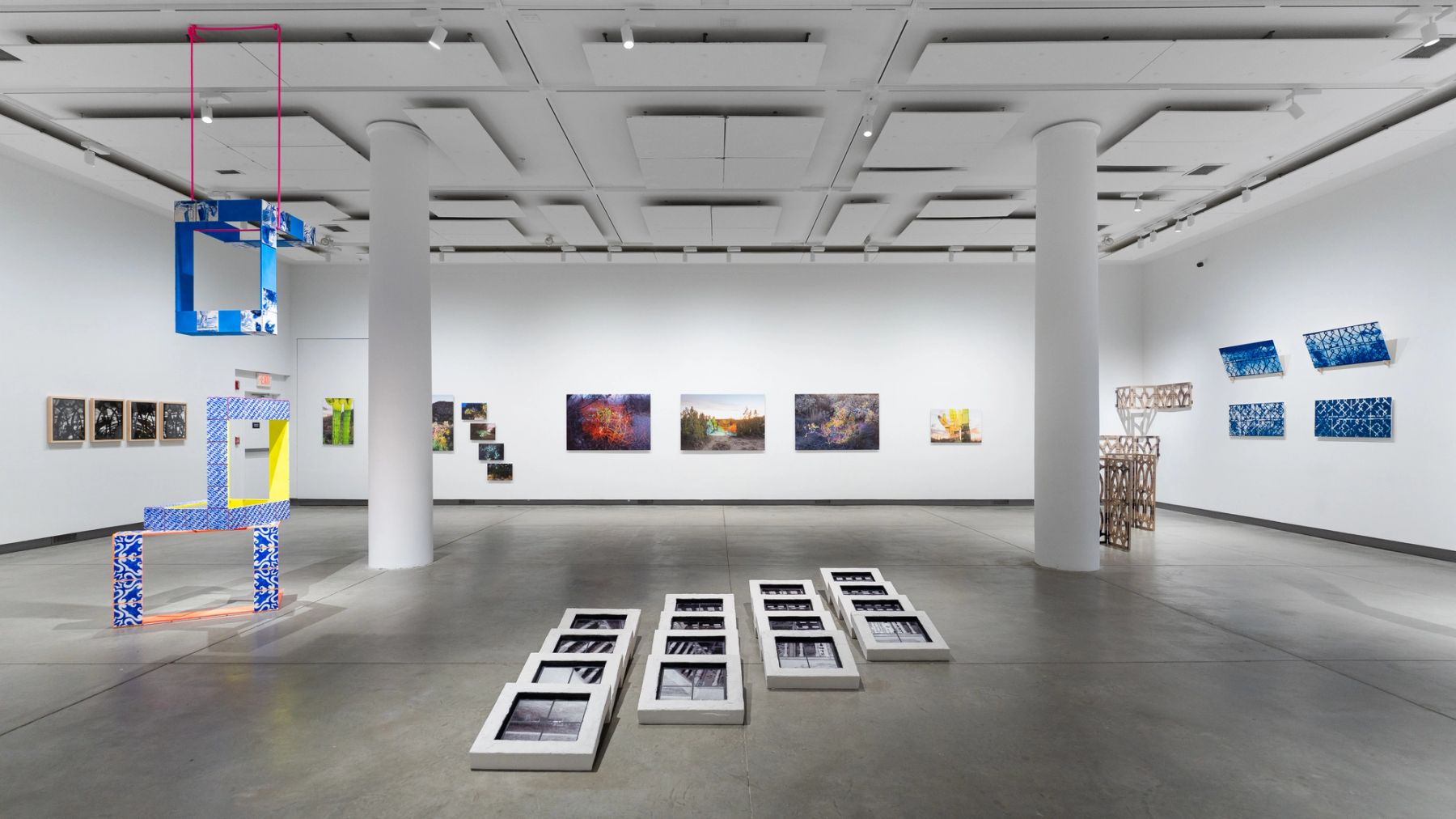 2026 MFA Thesis Exhibition, installation view with work by Stephen Medeiros, Jonathan Spath, and Harley Grieco.