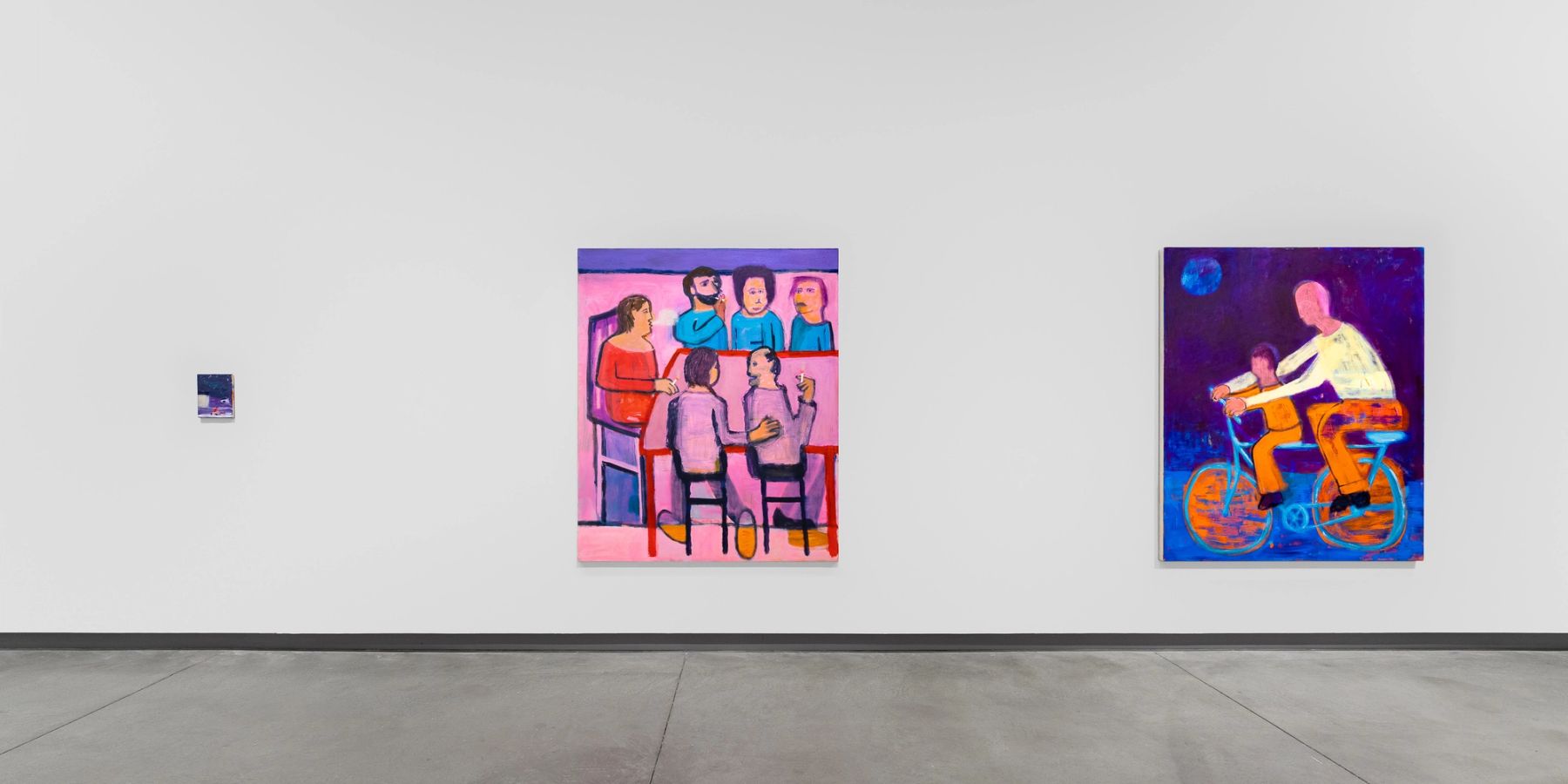 Katherine Bradford, Walking the Dog, 2025 (left), Smokers, 2024 (middle), Bicycle Built For Two, 2024 (right).