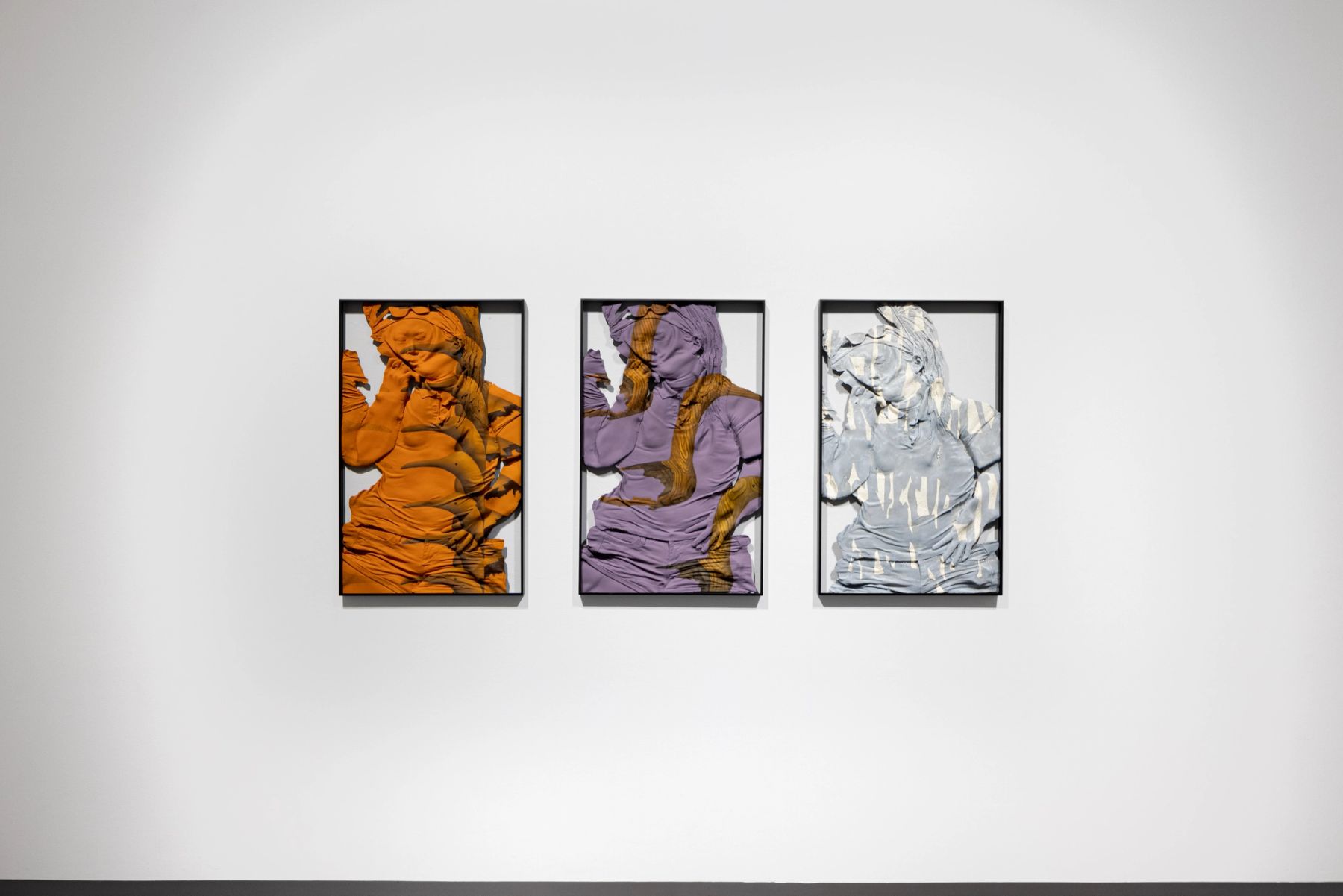 Lucy Kim, Auto-Synthetic (Orange), 2018, Auto-Synthetic (Wooden Birds), 2018, Auto-Synthetic (Cracked and Caked), 2018 (left to right)