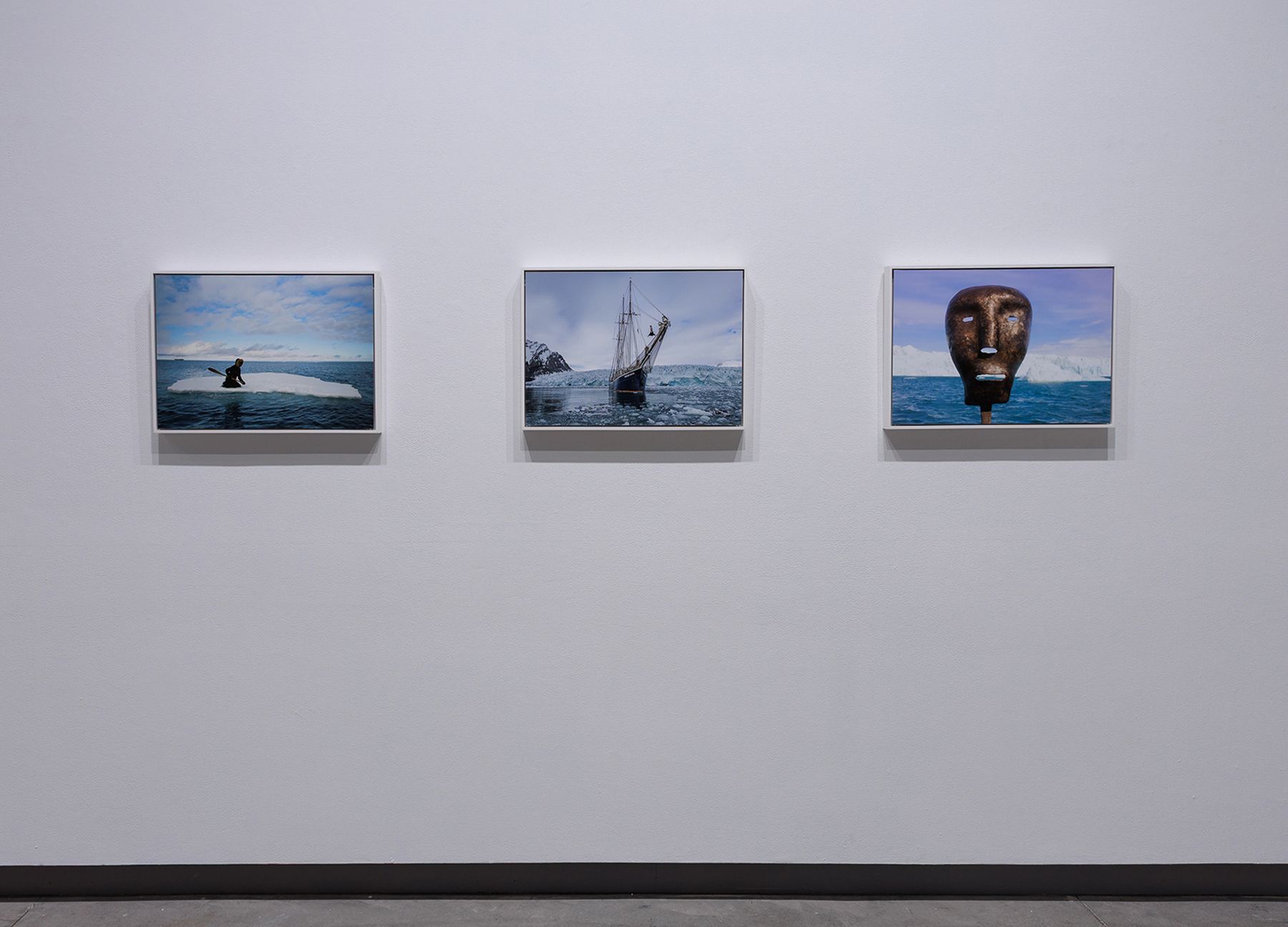 Patricia Brace ‘06, A Sun Without A Sphere: 80° N (left), In Search of the Miraculous: Jumping Ship, Dahlbreen Glacier (middle), A Sun Without A Sphere: Lilliehöökbreen (w/ mask) (right), 2025.