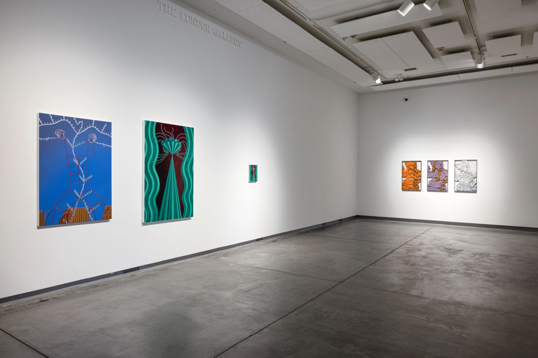 Sascha Braunig, The Fitting, 2021, Medusa, 2021, Study for Medusa, 2021 (left); Lucy Kim, Auto-Synthetic Series, 2018 (right)