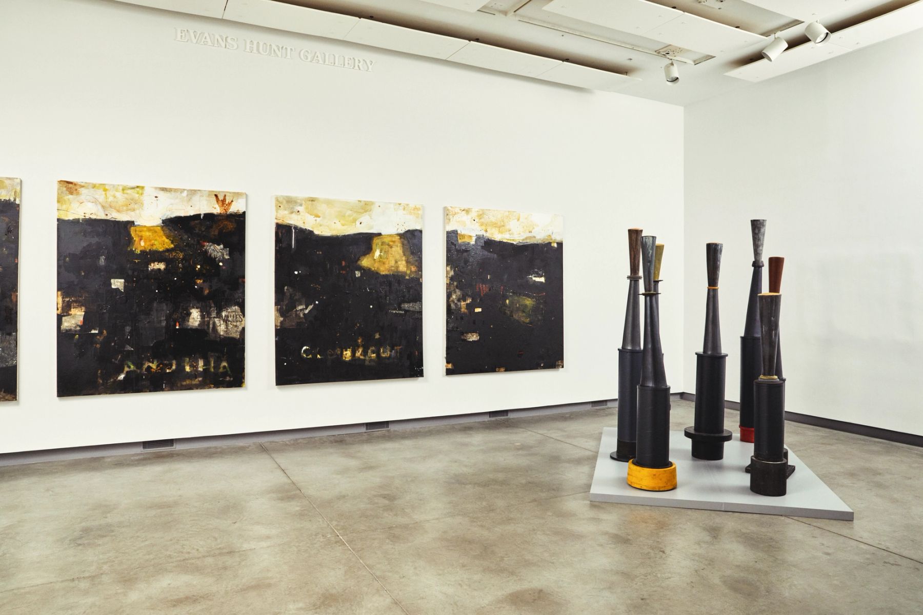 Darkness and the Light installation view with works (left to right) by Tom Hall, and Lynn Duryea.