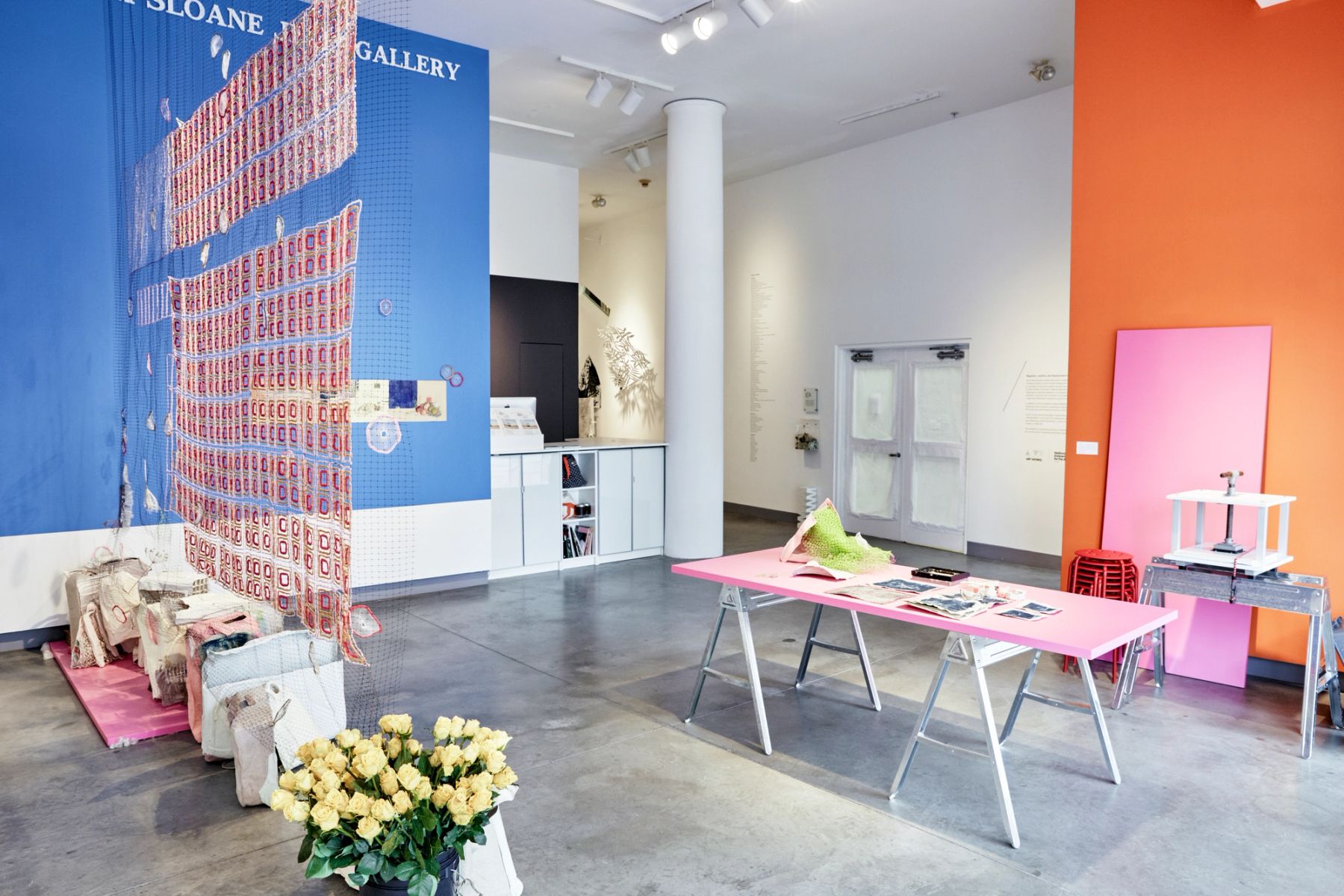 Making Migration Visible: Traces, Tracks & Pathways installation view with work by María Patricia Tinajero.