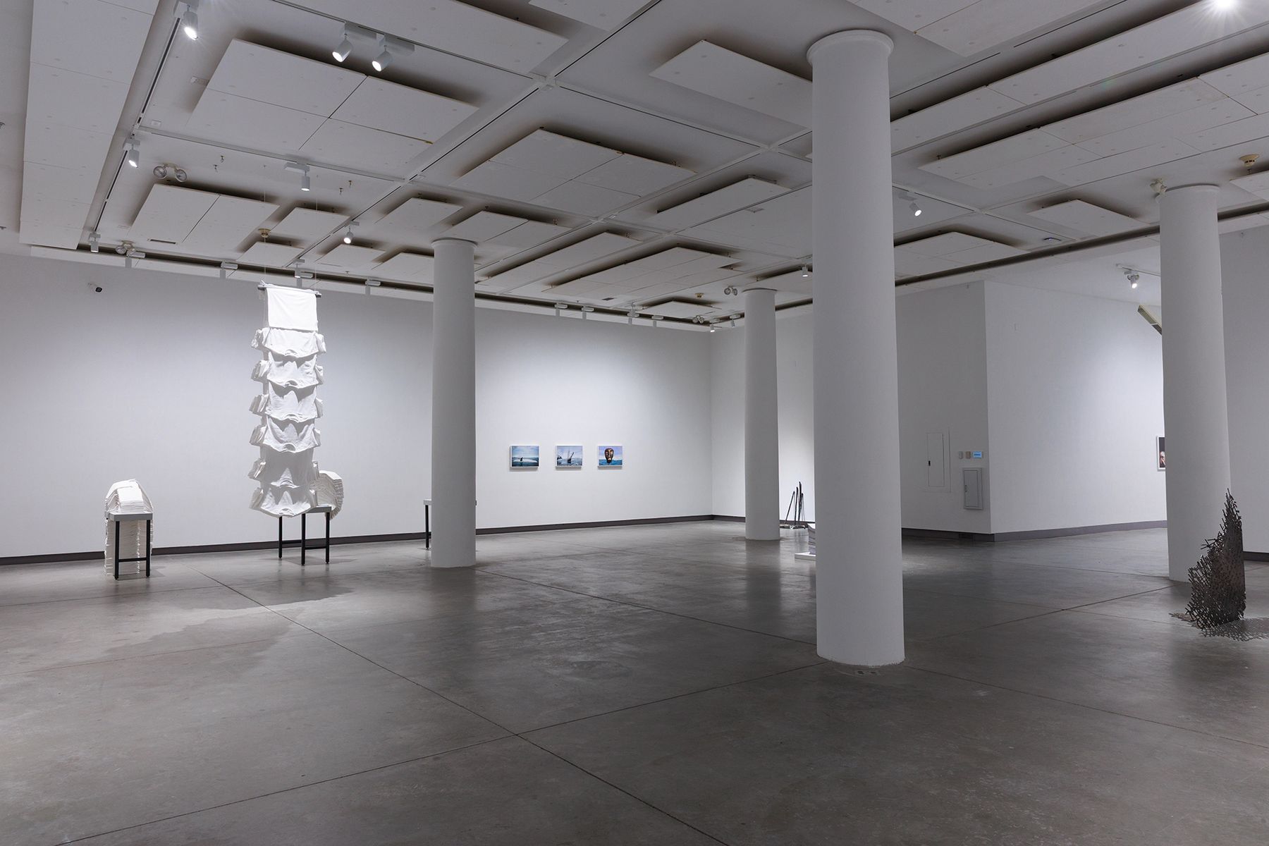 Lines / Loopholes: Maine College of Art & Design 2026 Faculty Triennial, installation view with works by Alysha Kupferer, Patricia Brace ‘06, Owen Marc Laurion, and Elana Adler.