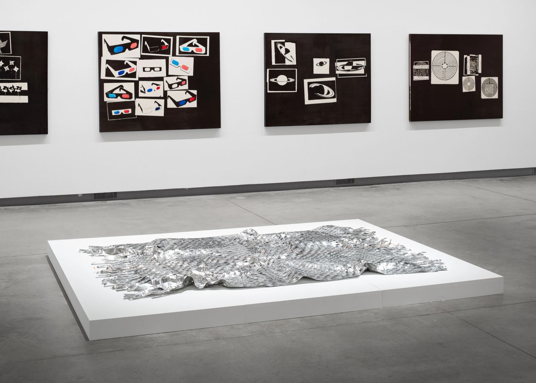 David McBride (left to right) Pinwheel, 2016; Wish You Were Here, 2016; Rings of Saturn, 2016; Minotaure, 2016. Cara Levine, Running and Returning, Rug for Peter, 2026.