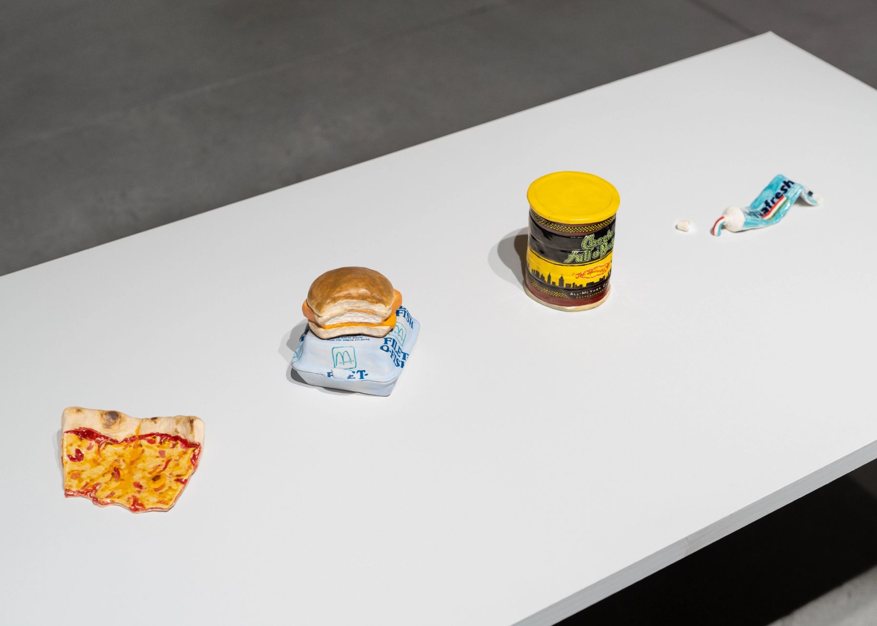 Stephanie H. Shih, (left to right) Slice, 2023, Filet-O-Fish, 2023, Chock Full o' Nuts, 2024, Aquafresh, 2023.