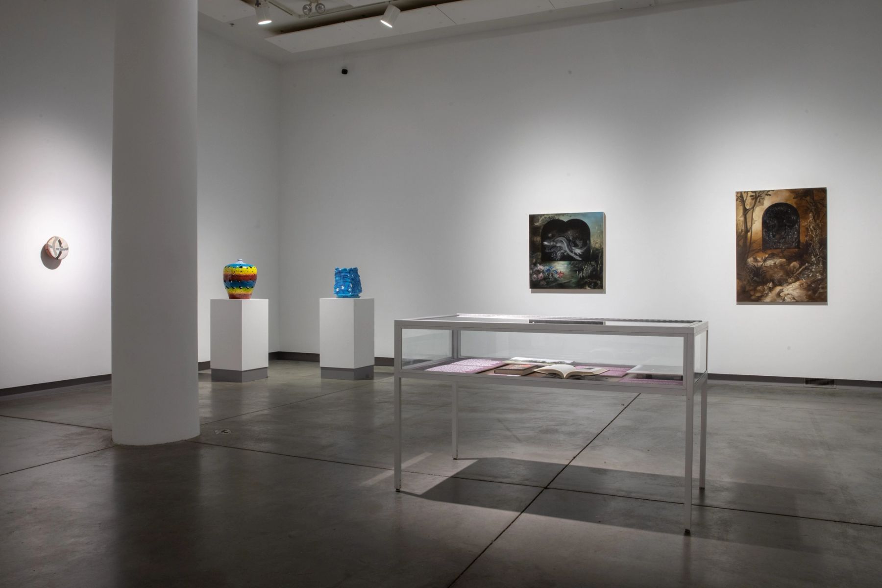 Assembly, installation view with works by Kyle Downs '07, Emmett Jorgensen '24, Mira Ptacin, Salt '03, and Nicole Duennebier '05.