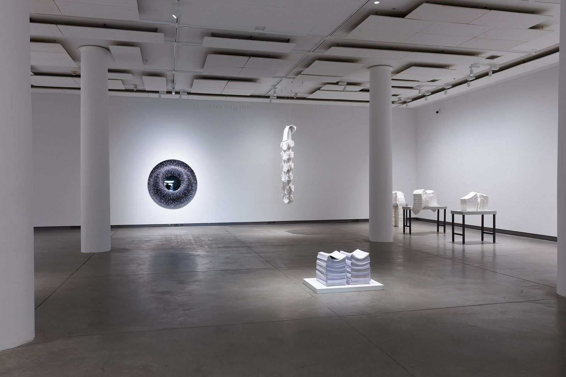 Lines / Loopholes: Maine College of Art & Design 2026 Faculty Triennial, installation view with works by John Gardiner '07, MFA '14, Alysha Kupferer, and Laura Jourdan Palmer.