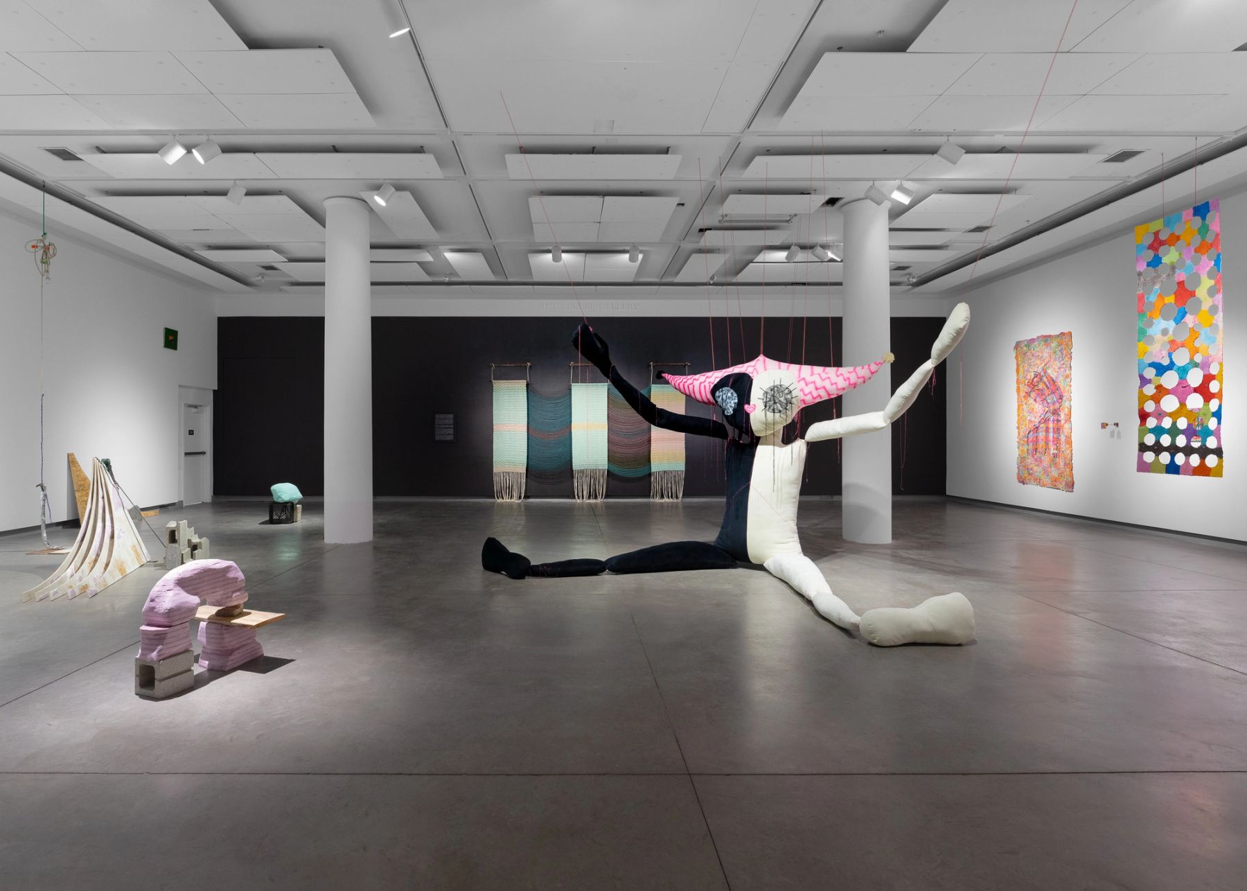 2026 MFA Thesis Exhibition, installation view with works by Ryan Swedenborg, Ana Rogers-Reed, Paige Friedman, and Laura Oertel.