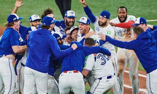 Two skeletons posing a Hallowe’en decorations on someone’s lawn- one small wearing a Toronto Blue Jay's Jersey, one large holding a Toronto Blue Jay’s flag.