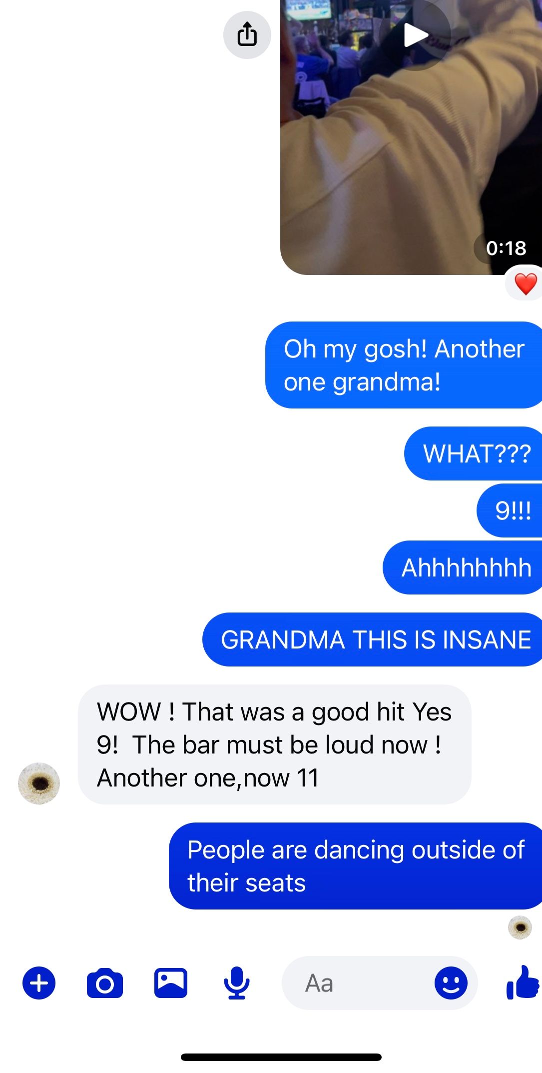 Text message chain reading “Oh my gosh! Another one grandma!”. Followed by another text “WHAT??? AHHHHH!” Final text reads “GRANDMA THIS IS INSANE!”