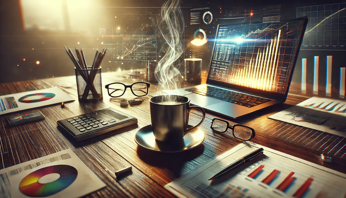 a cup of coffee sits on a desk next to a laptop