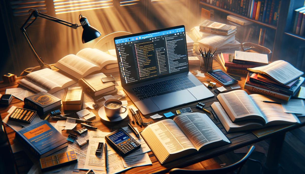 a laptop computer is sitting on top of a wooden desk surrounded by books and a cup of coffee .
