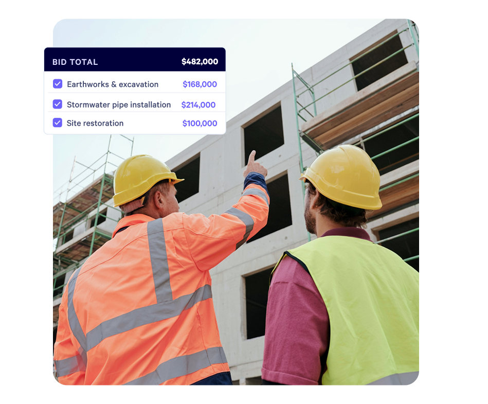 Two construction workers in hard hats at a construction site, with a digital overlay showing a $482,000 bid total and project cost breakdown.