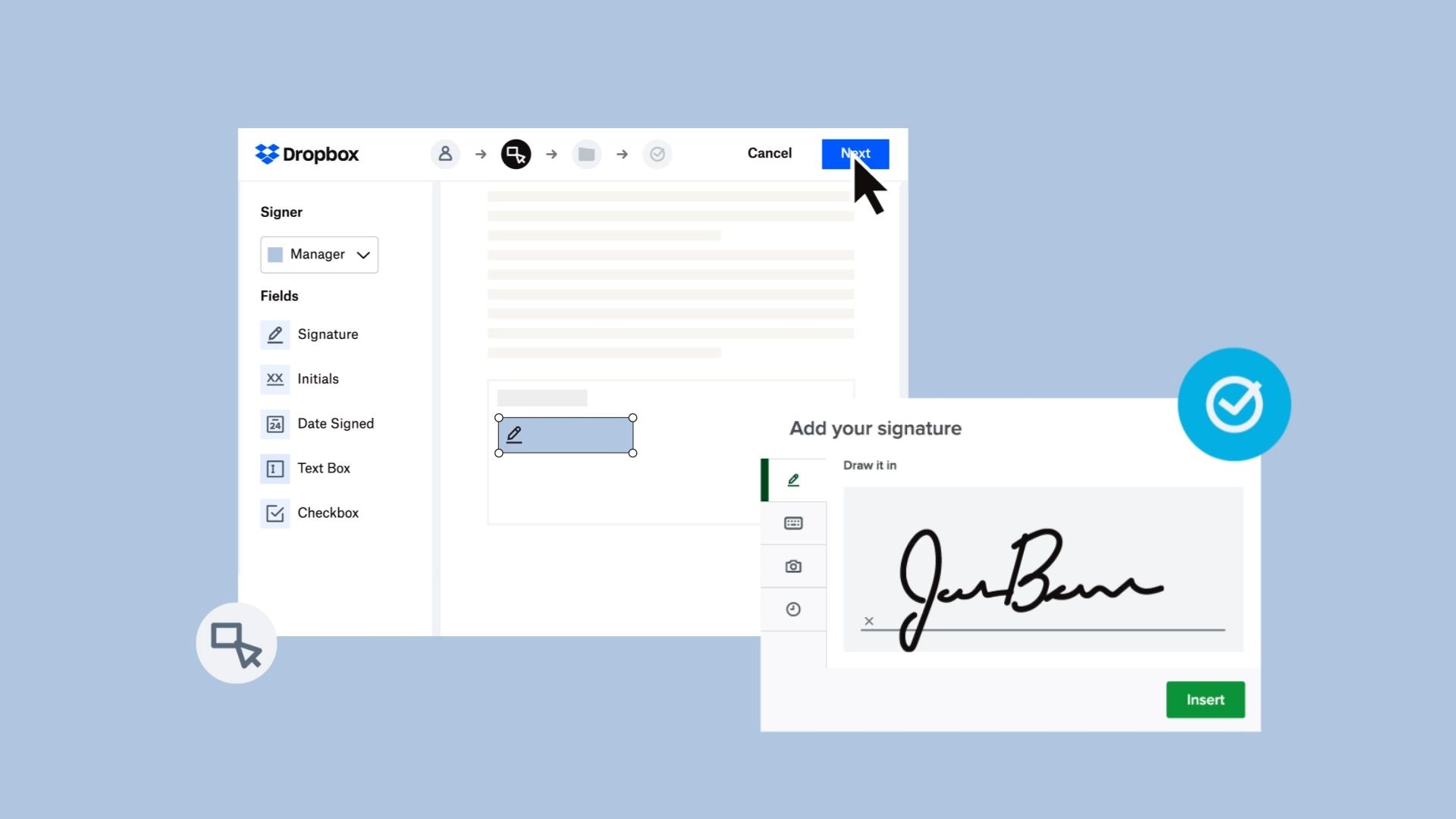 a screenshot of a dropbox app showing how to add a signature .