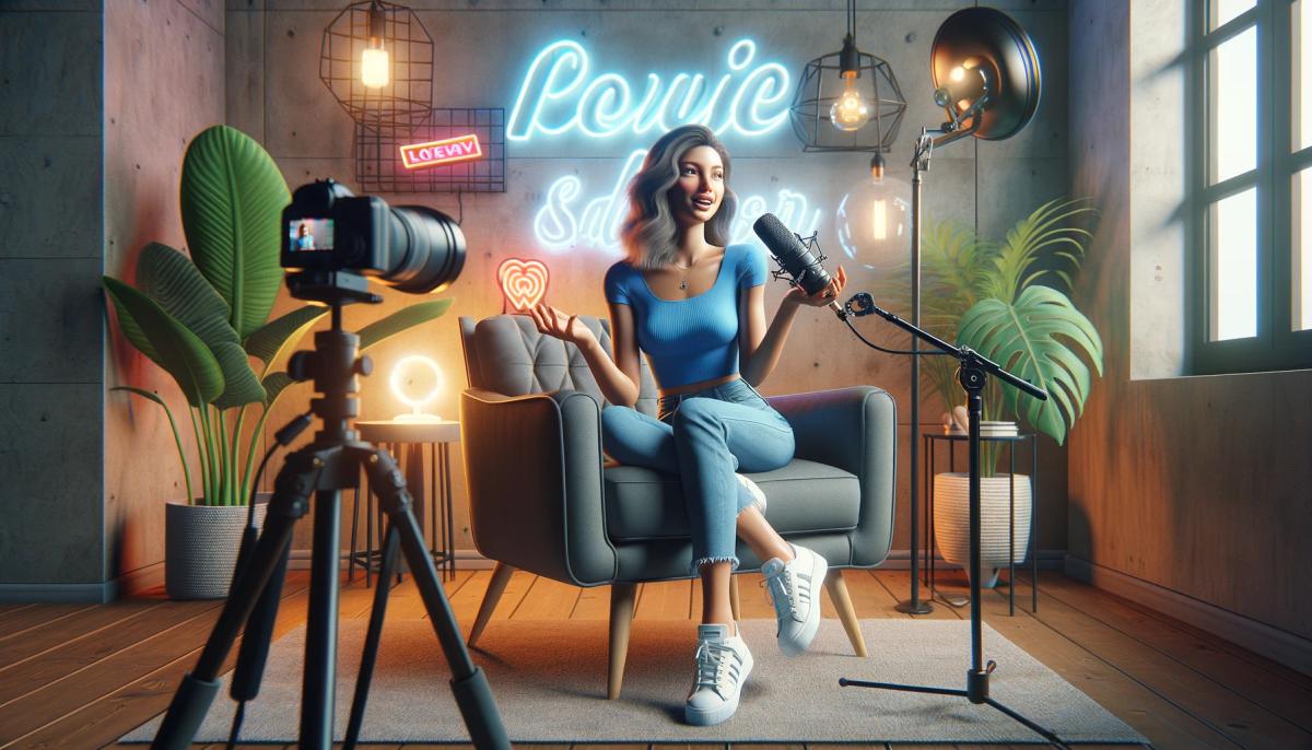 a woman is sitting in a chair holding a microphone in front of a camera
