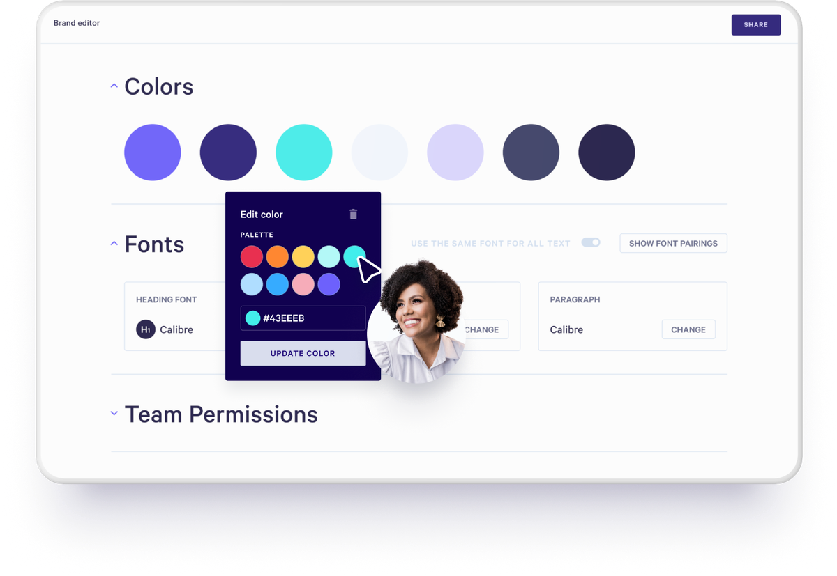 a screenshot of a website that says colors fonts and team permissions