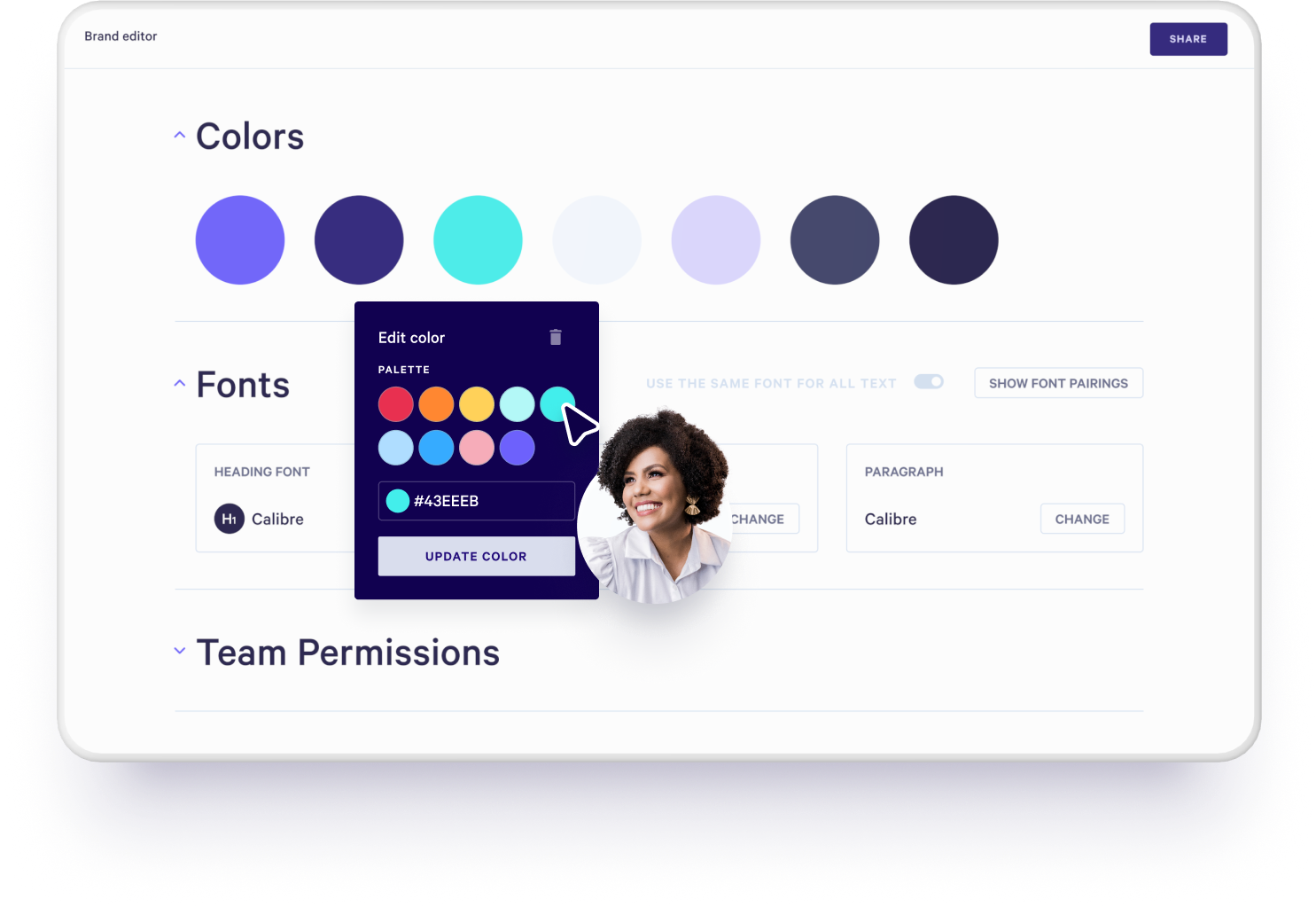 a screenshot of a website that says colors fonts and team permissions