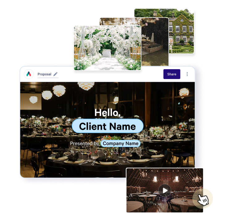A digital event proposal showing "Hello, Client Name" over a reception hall, with multiple overlapping thumbnails of event venues including a video with a play button and a cursor.