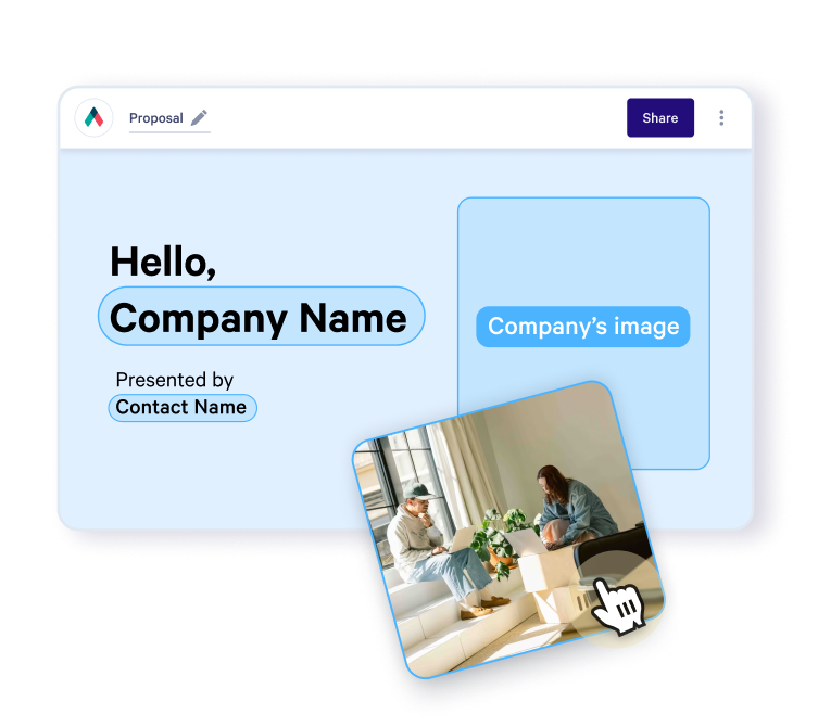 A digital proposal slide with an image of two people being dragged into an image placeholder.