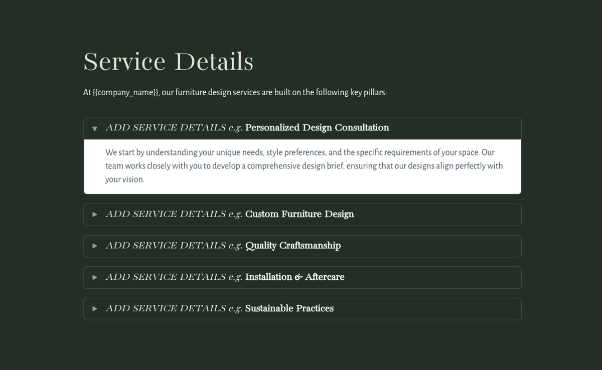 a page that says service details on it