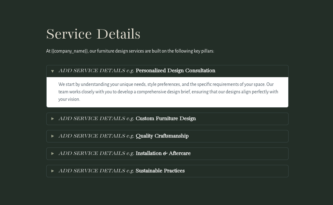 a page that says service details on it