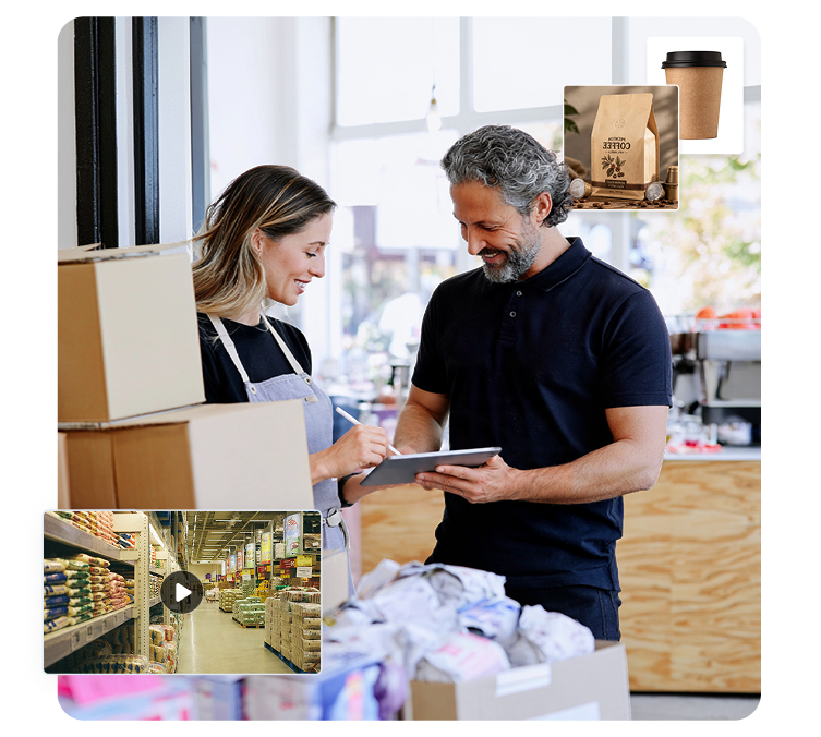 Two retail workers manage items on a tablet, with coffee products and a grocery video overlay.