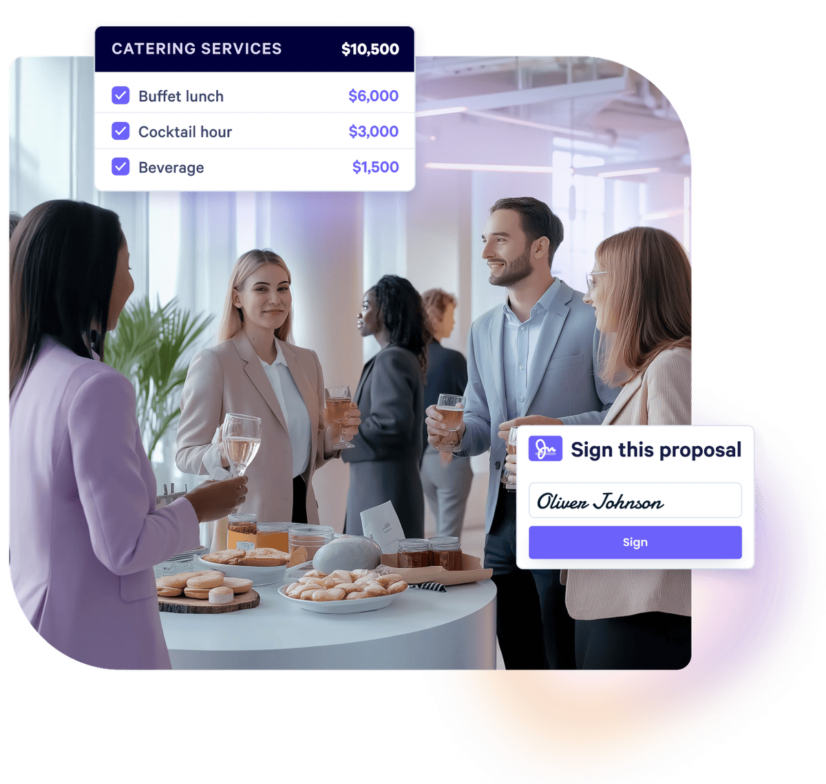 A group of people at a catered business event, overlaid with a digital catering invoice and a proposal signature prompt.