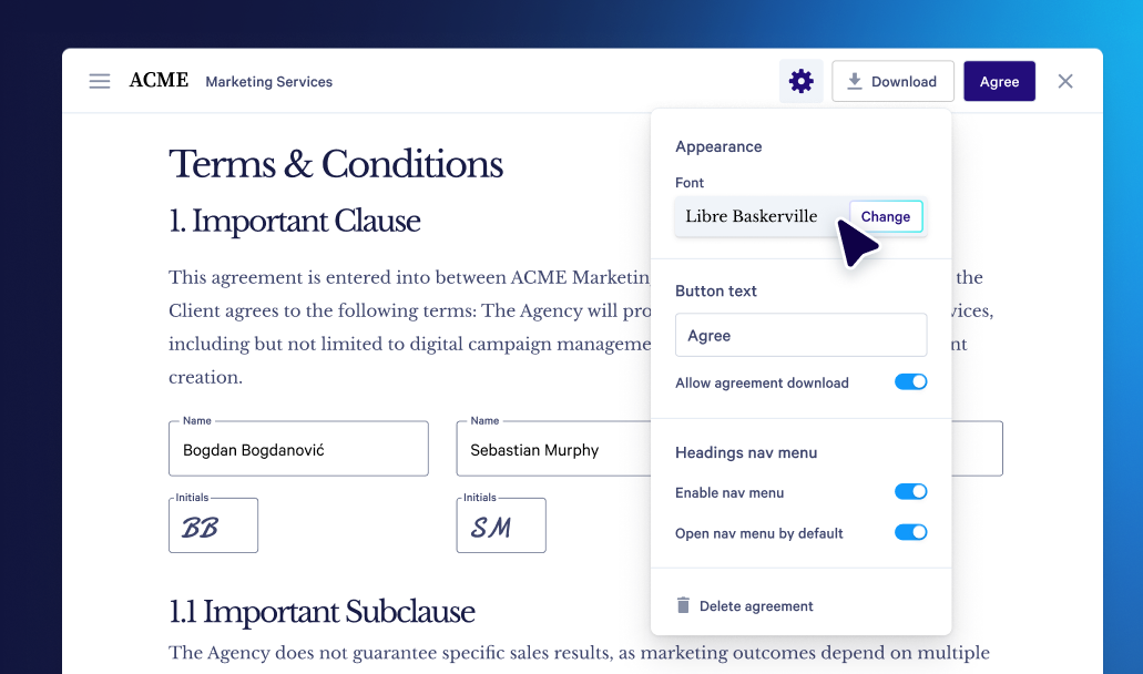 An online Terms & Conditions document with an open customization menu showing font, button text, and other settings. A cursor points to the "Change" font button.