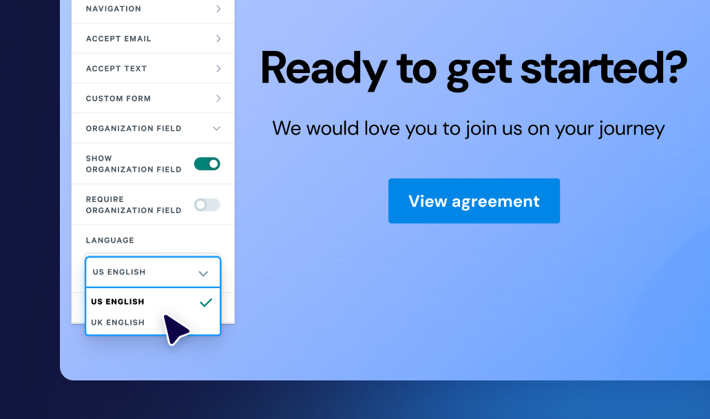 a ready to get started page has a blue button that says view agreement