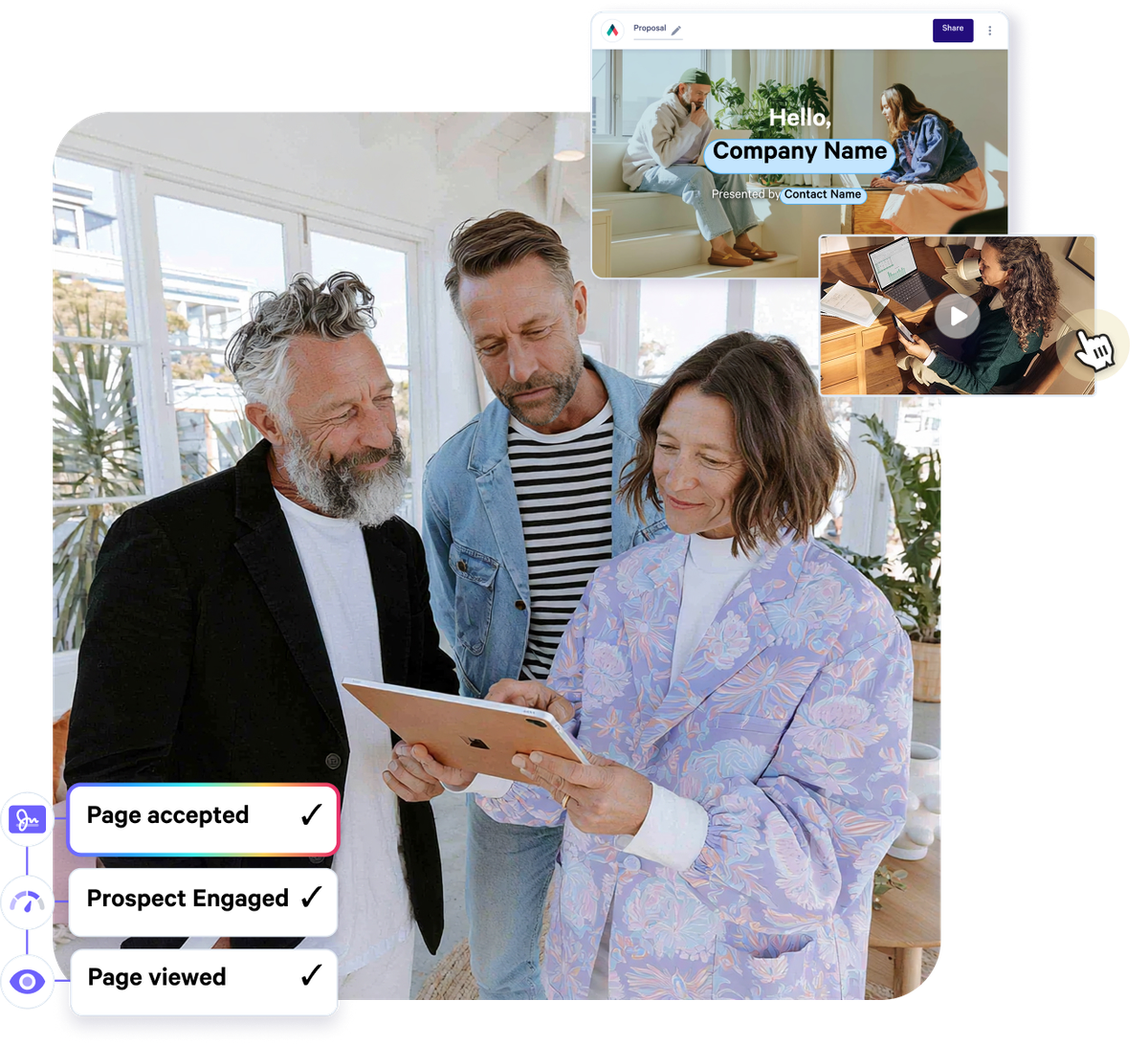 Three people review a tablet displaying a digital proposal interface with integrated videos and real-time engagement tracking.