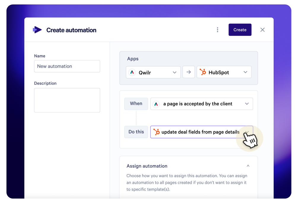Screenshot of an automation setup screen with Qwilr and HubSpot connected to update deal fields, with a cursor selecting the action.