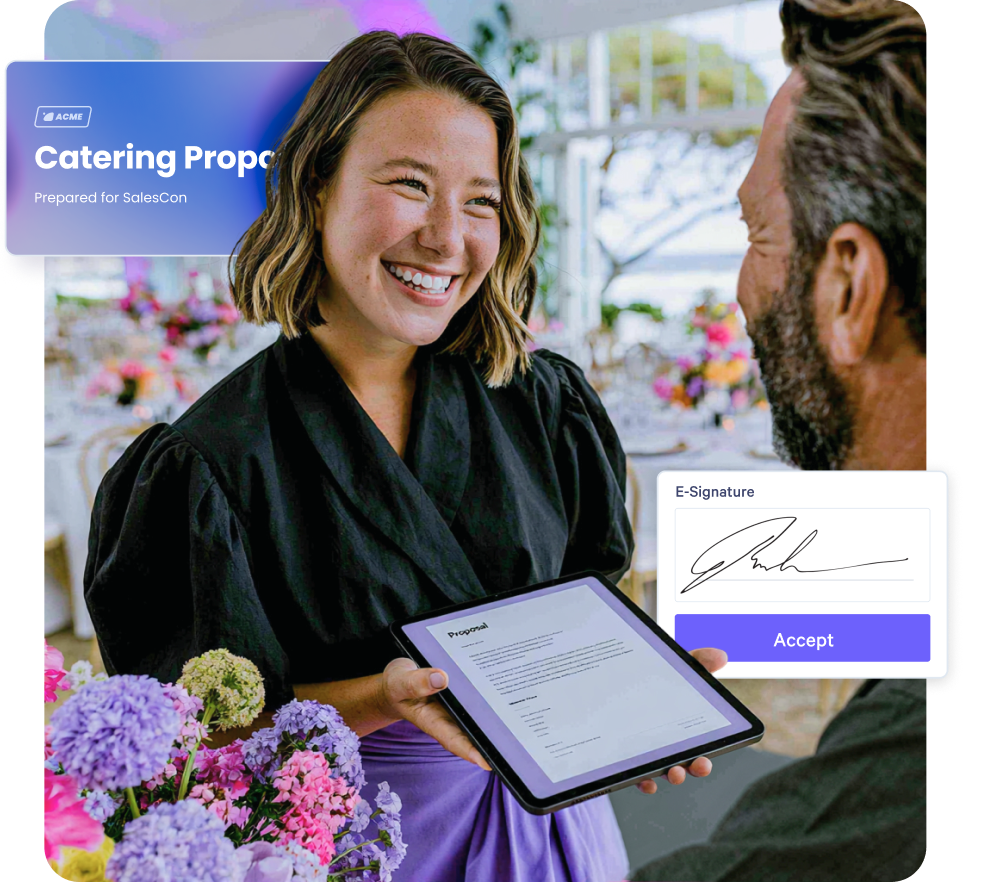 A smiling woman presents a digital catering proposal on a tablet, with an e-signature option overlaid, in an event setting.