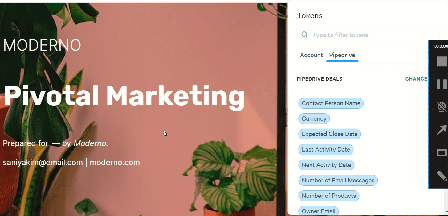 A presentation slide titled "Pivotal Marketing" next to a "Tokens" panel showing Pipedrive deal fields.