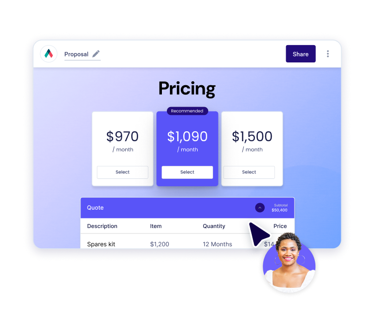 A pricing proposal software showing three monthly plans, including a recommended option, and an itemized quote table below. A mouse cursor and a smiling woman's profile are overlaid.