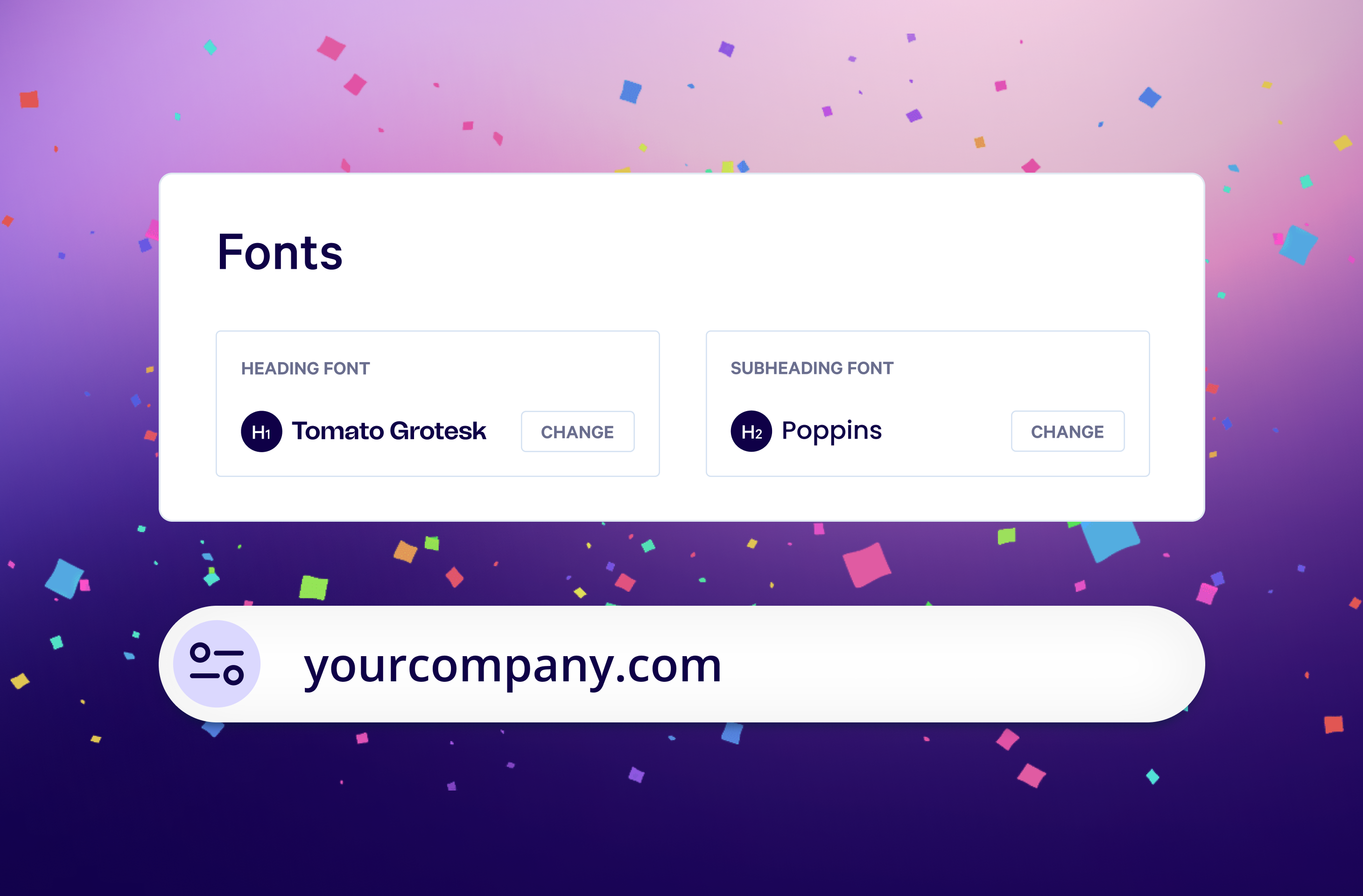 Font selection user interface showing 'Tomato Grotesk' for heading and 'Poppins' for subheading, with a 'yourcompany.com' field.