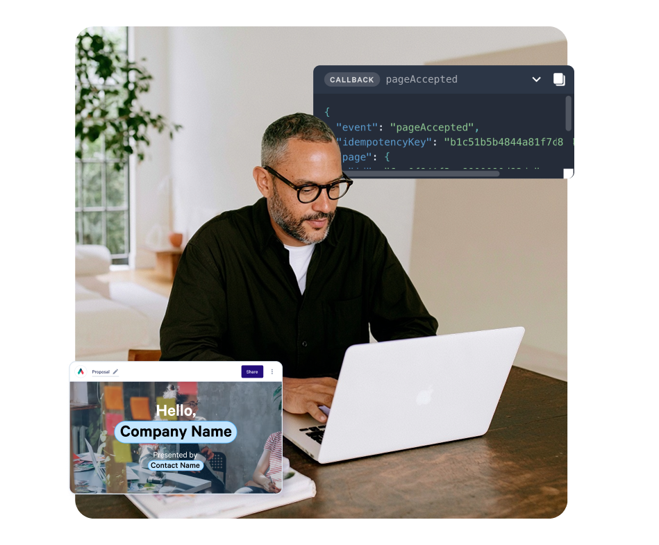 A smiling man with a beard and glasses looks at a laptop, flanked by a floating video window showing "Hello, Company Name" and labels for "Your database" and "Qwilr API" integration.