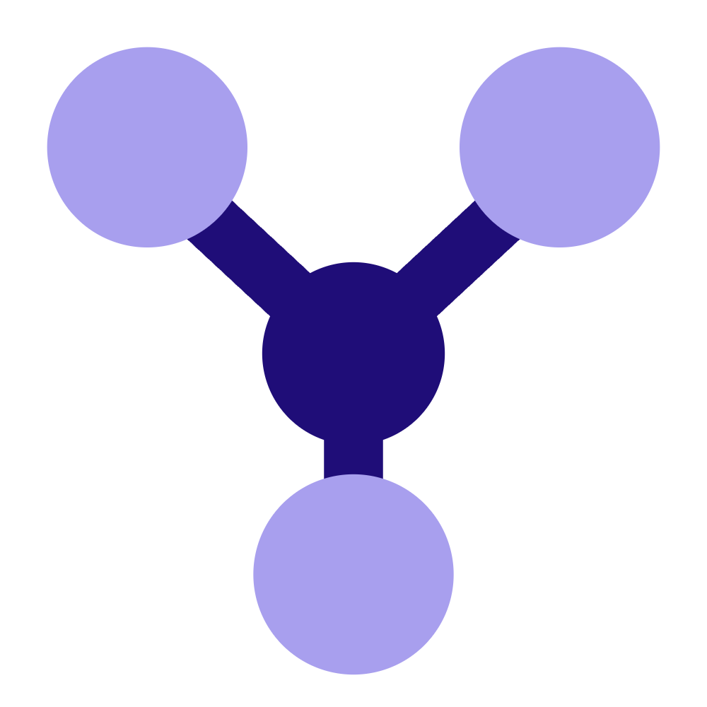 A central dark blue circle connected by lines to three lighter blue circles in a Y-shape.
