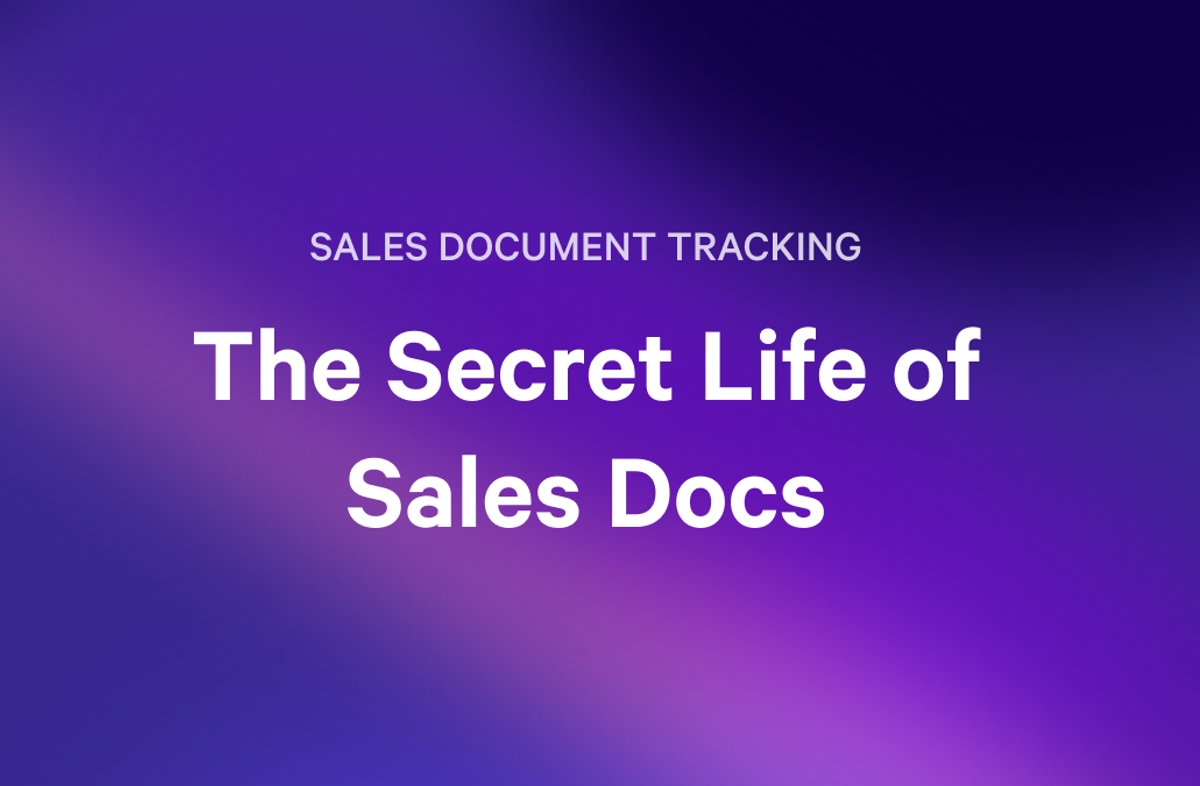 Text on a purple gradient background reads: "SALES DOCUMENT TRACKING" and "The Secret Life of Sales Docs".